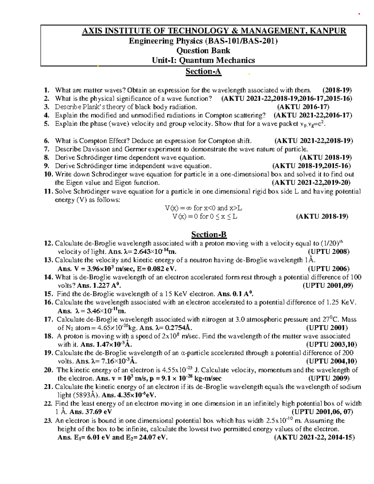 Question Bank Unit-I (BAS-101/BAS-201): Quantum Mechanics Answers - Studocu