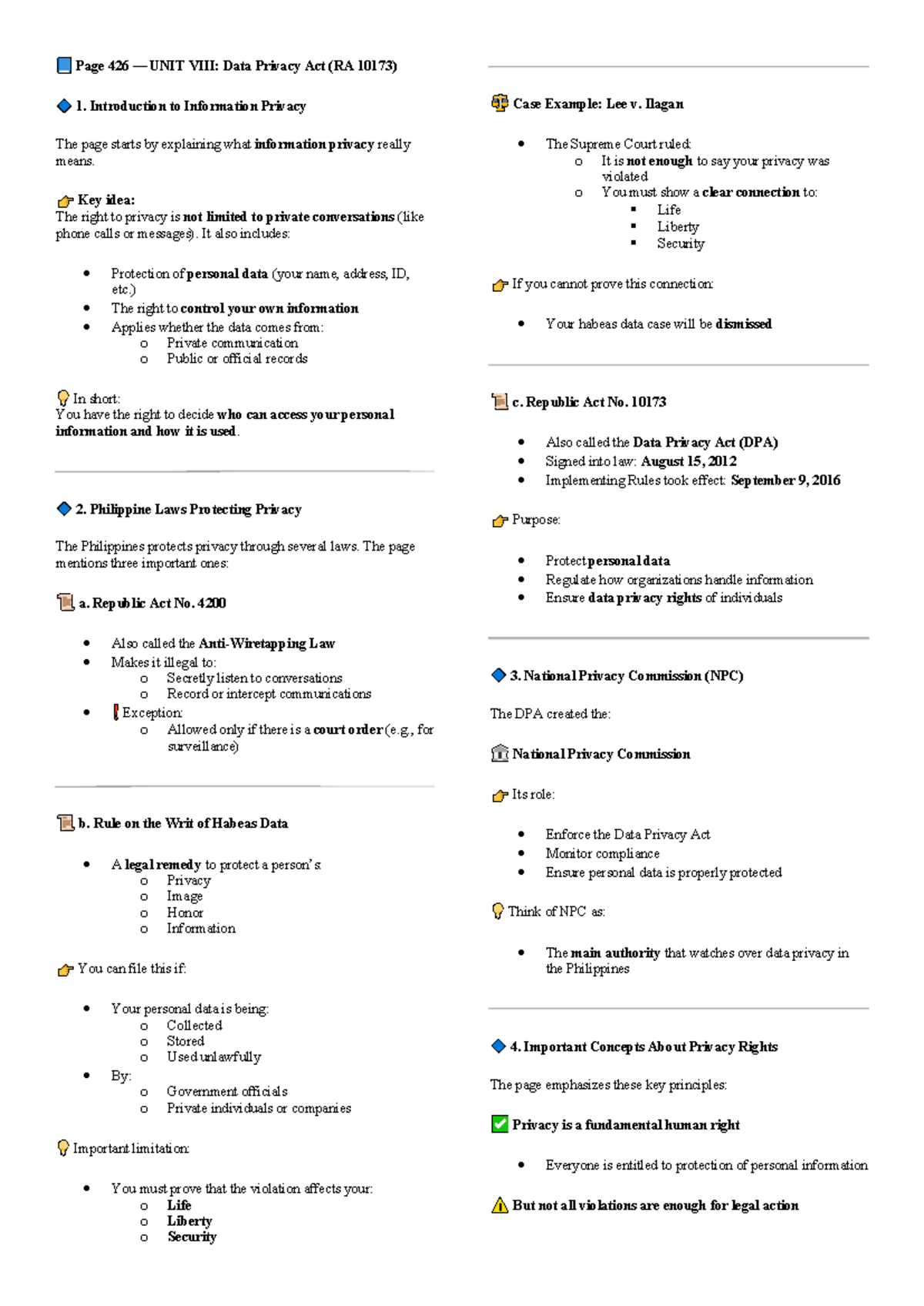 Data Privacy Act (RA 10173) Overview and Key Concepts - Unit 8 Summary ...