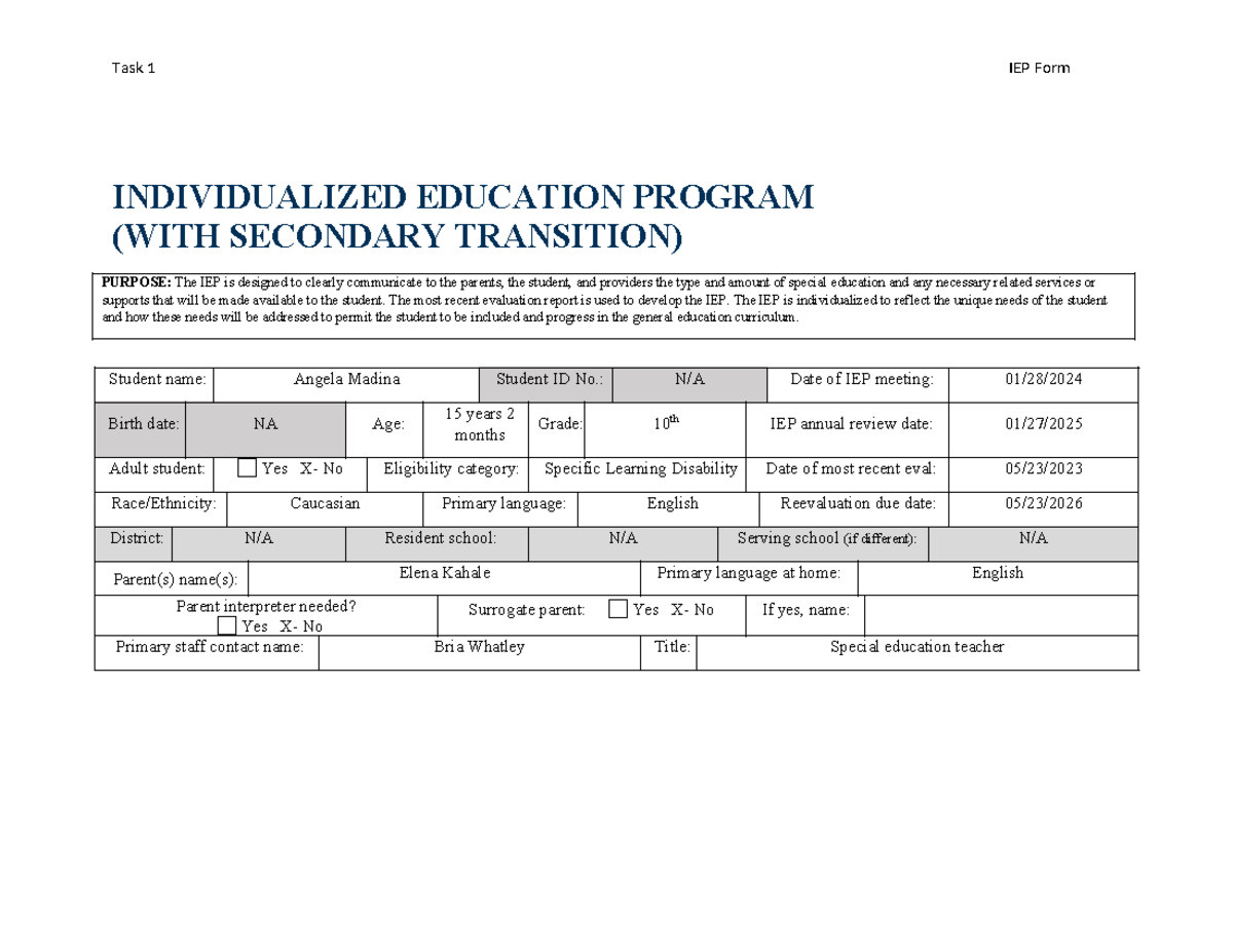 Task 1 D004 IEP - INDIVIDUALIZED EDUCATION PROGRAM (WITH SECONDARY ...