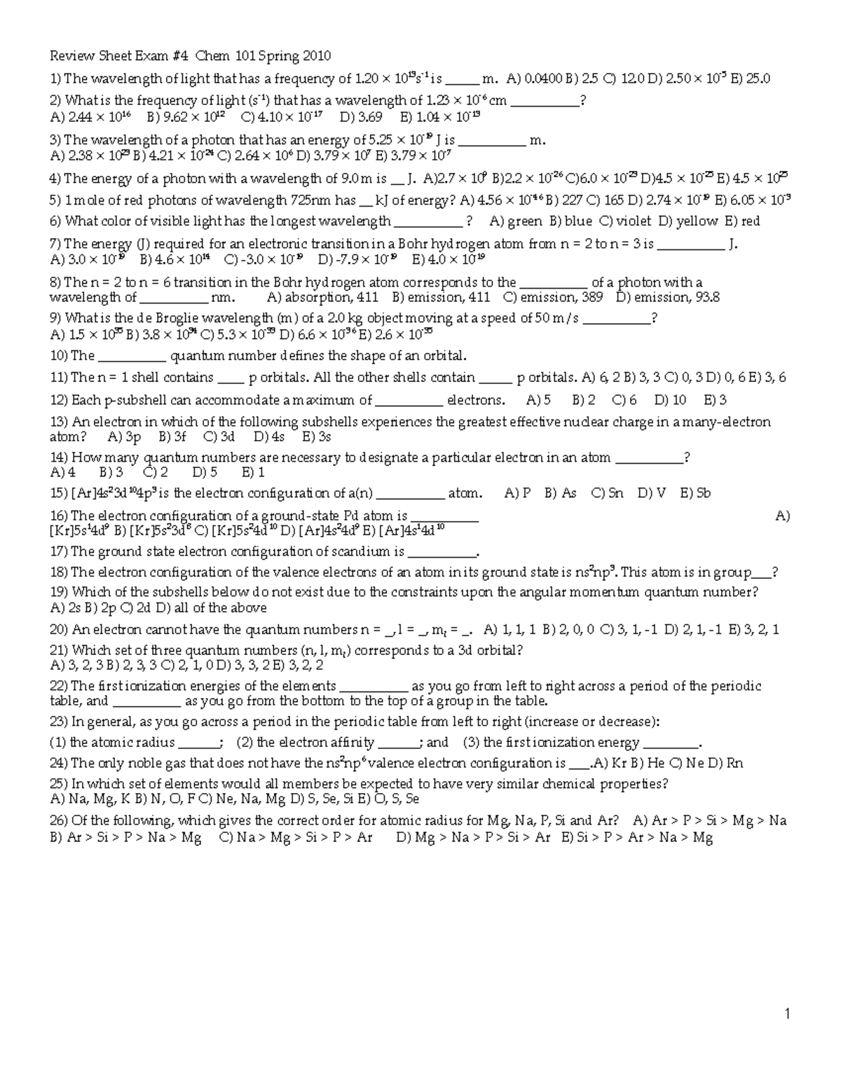 Chem 101 Review Sheet for Final Exam - Spring 2010 - Studocu
