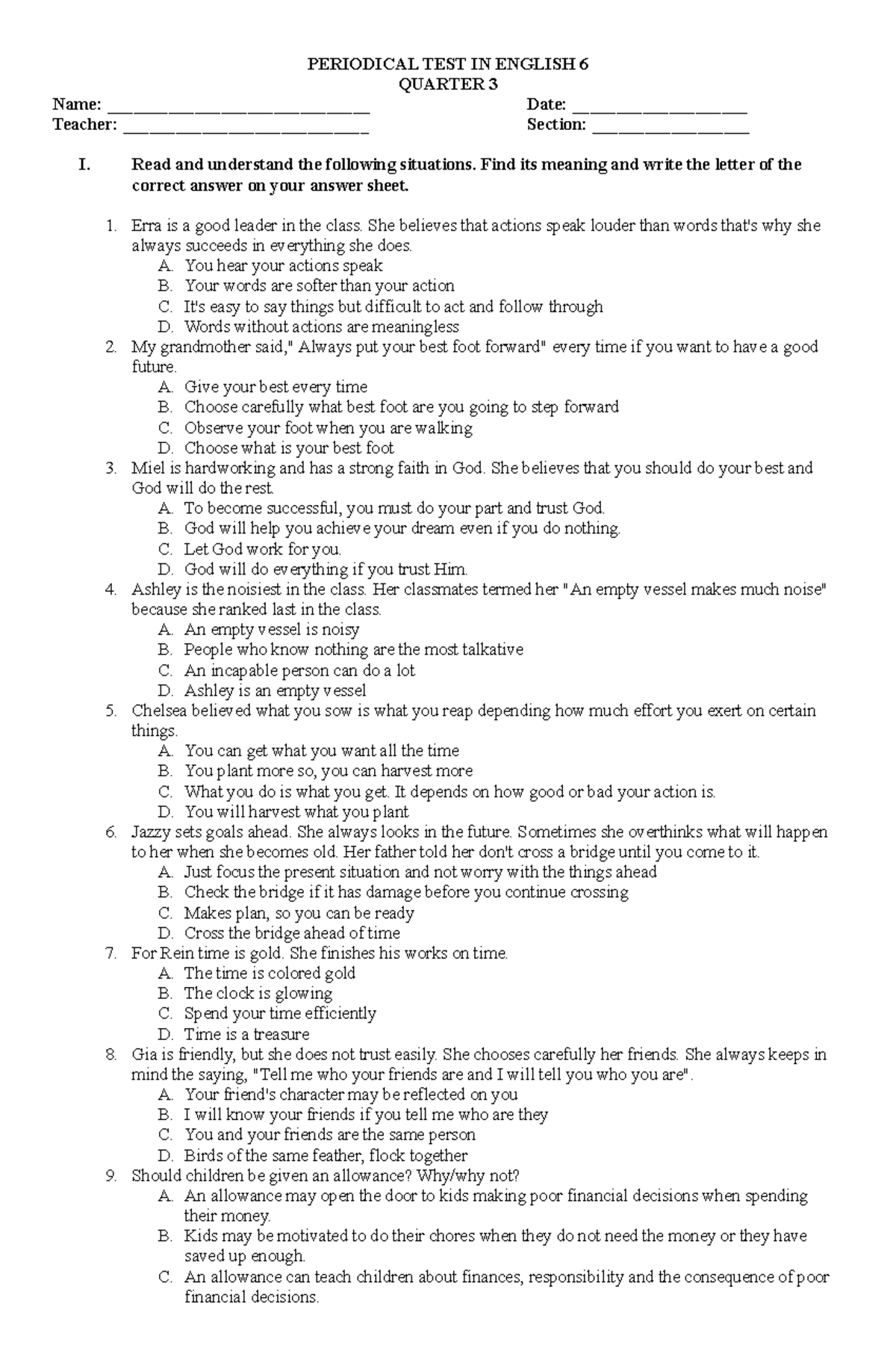 Periodical Test in English 6: Quarter 3 Assessment - Studocu