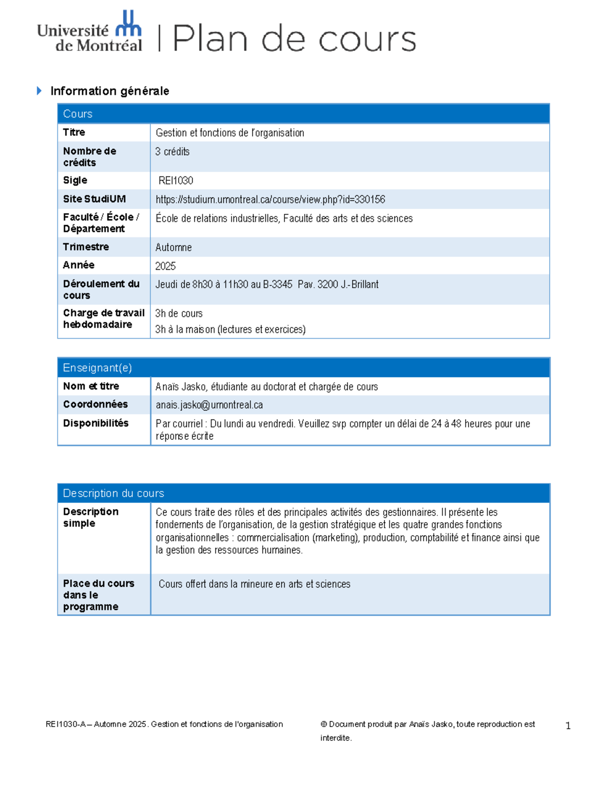 REI1030 Plan de Cours: Gestion et Fonctions - Automne 2025 - Studocu