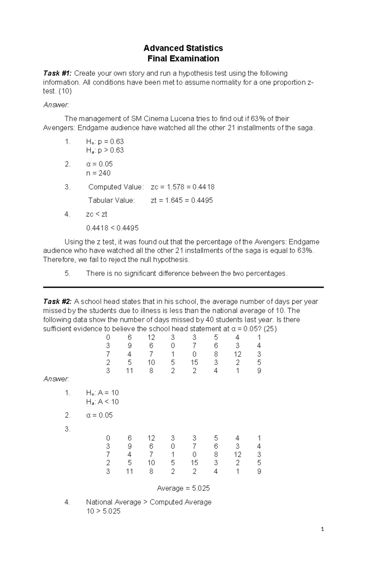 Advanced Statistics (STAT 301) Final Exam Hypothesis Testing - Studocu