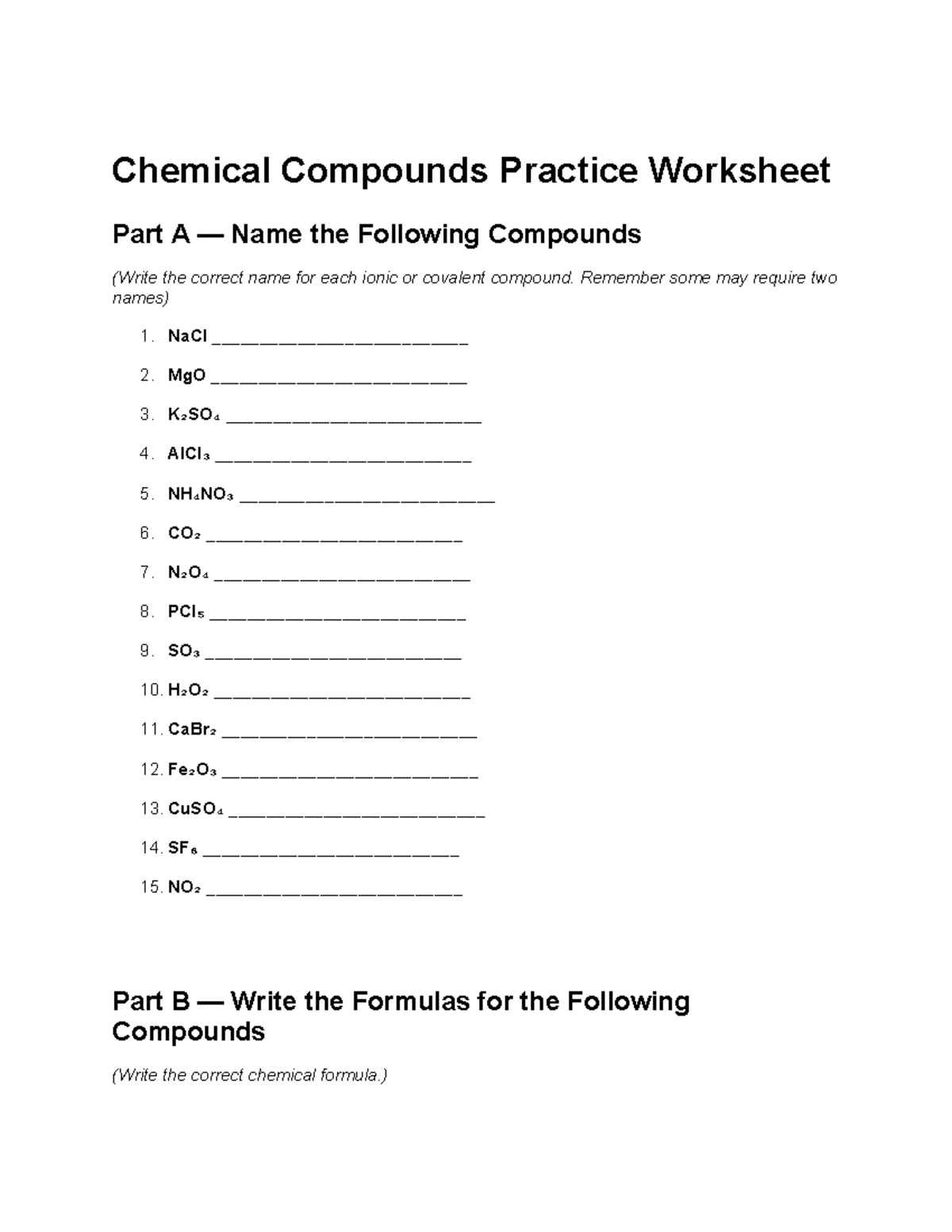 Chemical Compounds Practice Worksheet: Naming & Formulas - Studocu