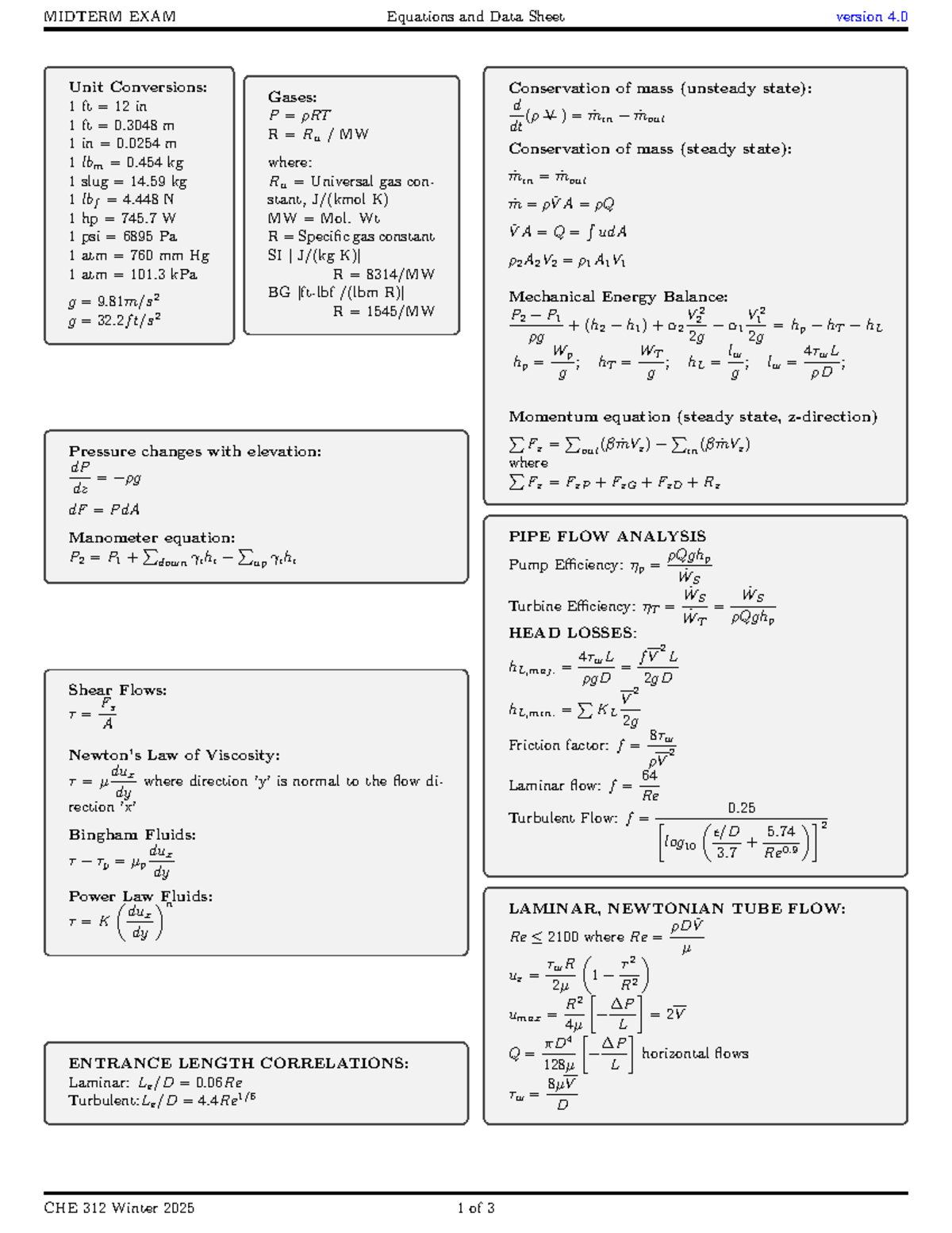 CHE 312 Winter 2025 Midterm Exam Equations & Data Sheet - Studocu