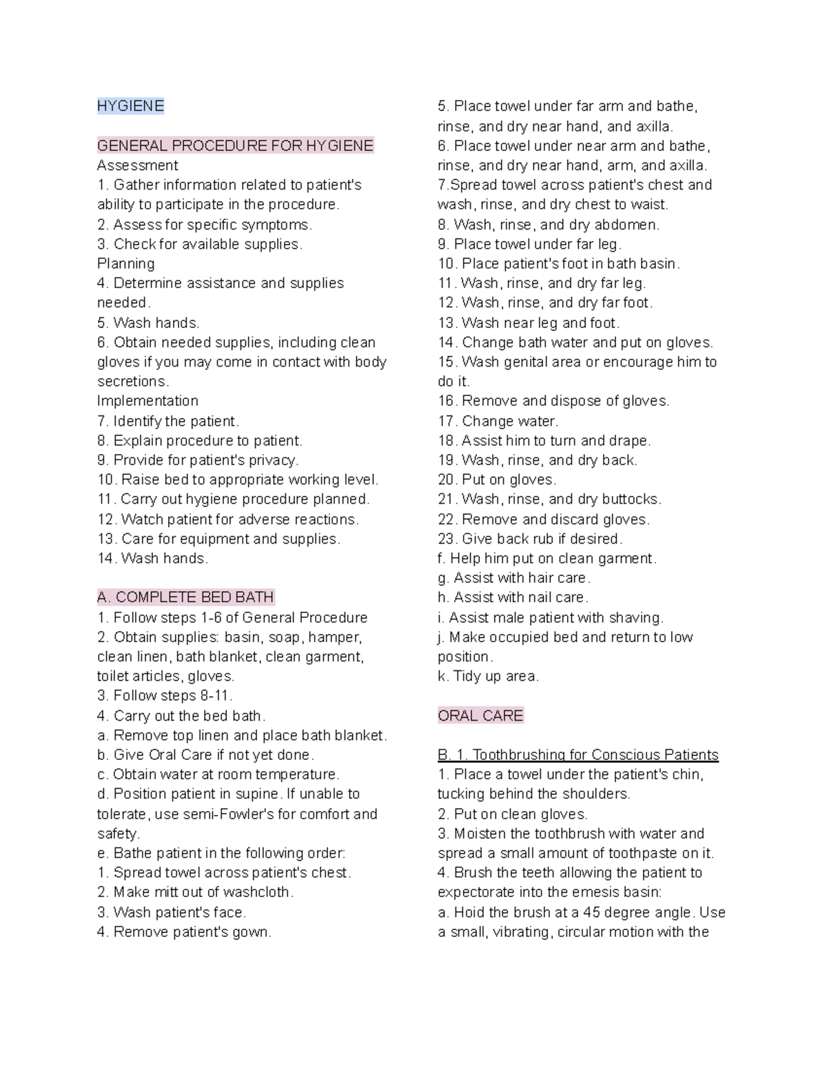 HYG 101: General Hygiene Procedures and Complete Bed Bath Guide - Studocu