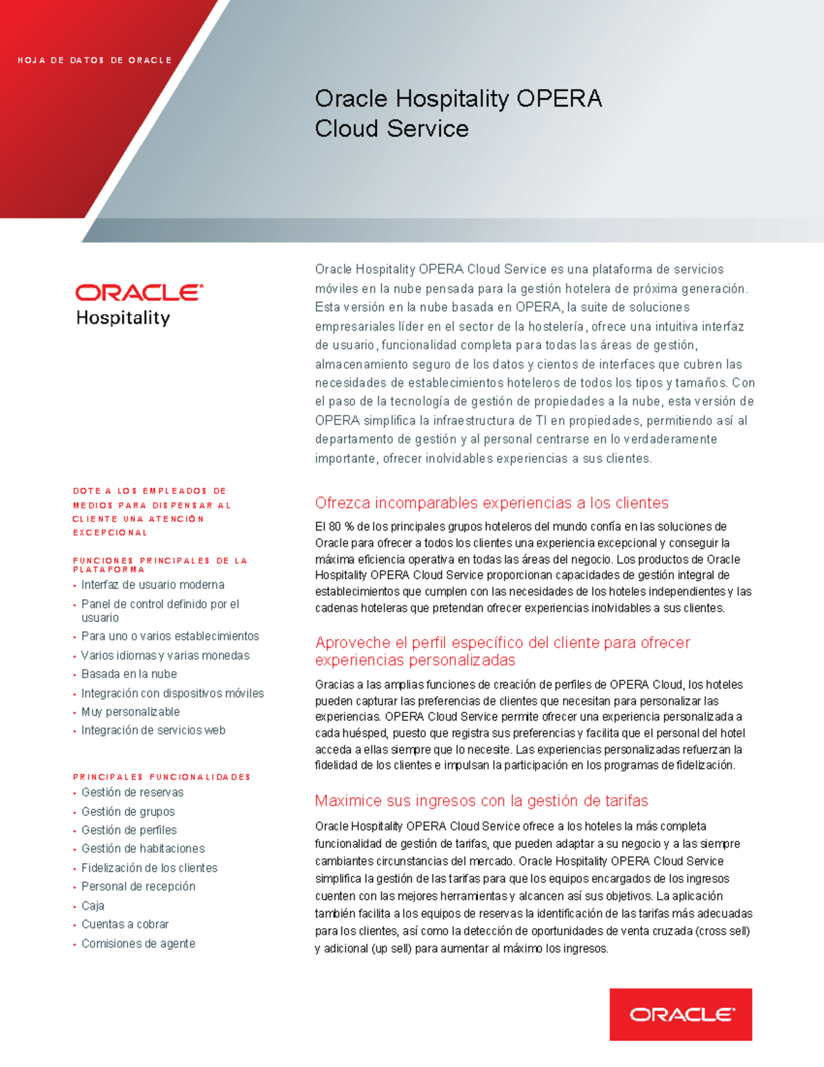 Oracle Hospitality OPERA Cloud Service ES: Funciones y Beneficios - Studocu