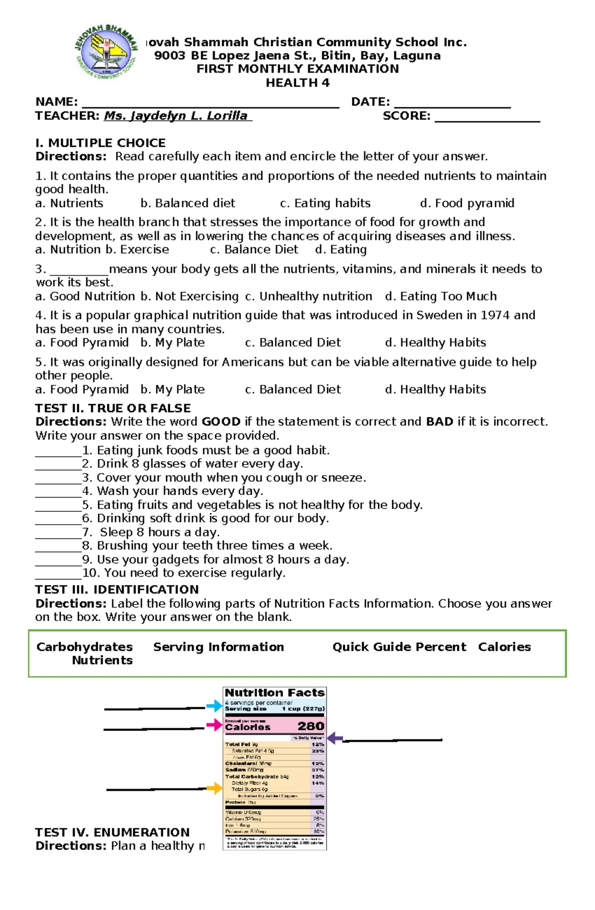 1st Monthly Exam Health 4 - Jehovah Shammah Christian Community School ...