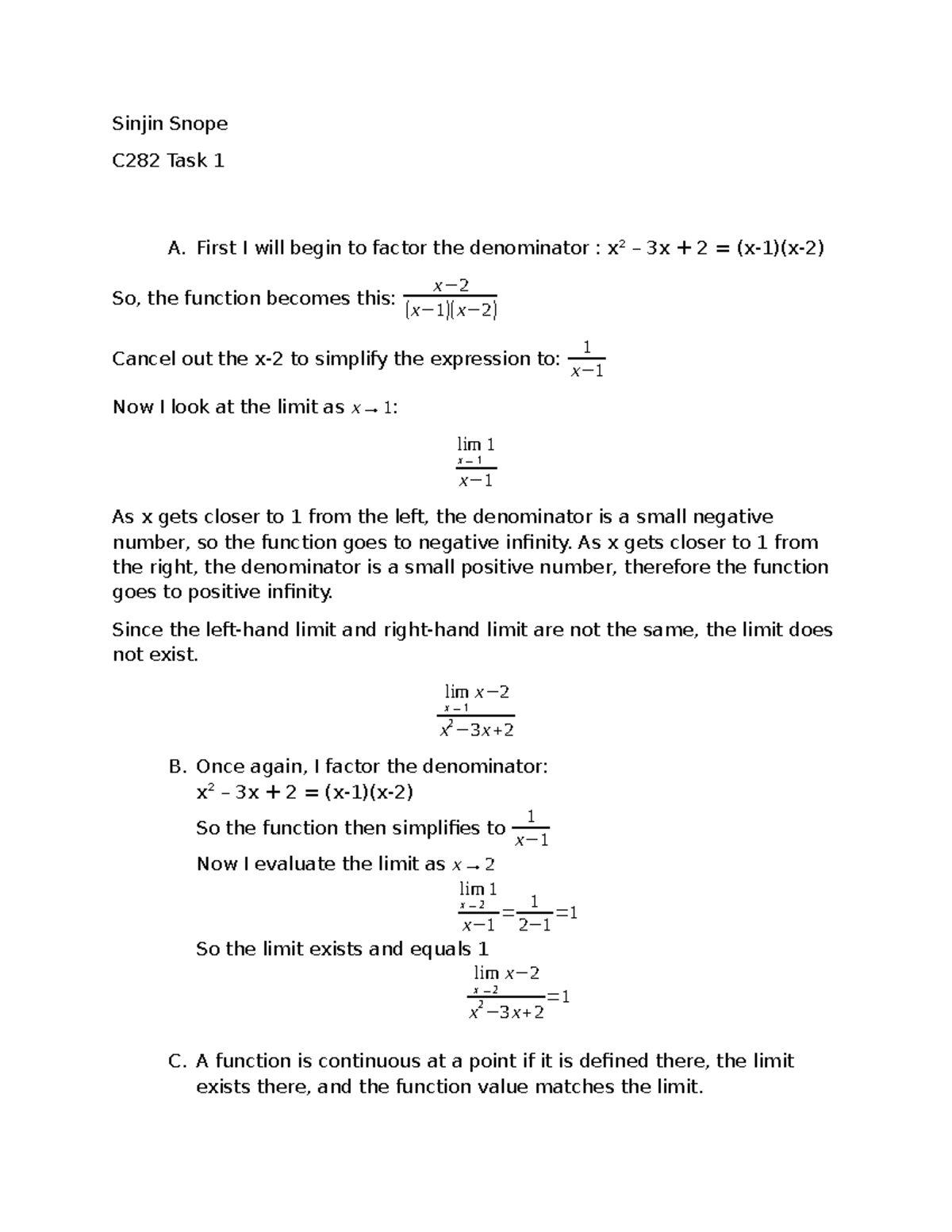 C282 Task 1: Analyzing Limits and Continuity in Functions - Studocu