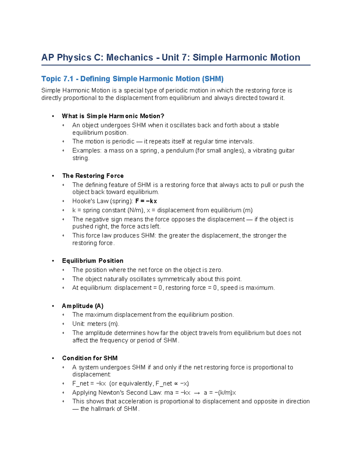 AP Physics C: Mechanics Unit 7 Study Guide on Simple Harmonic Motion ...