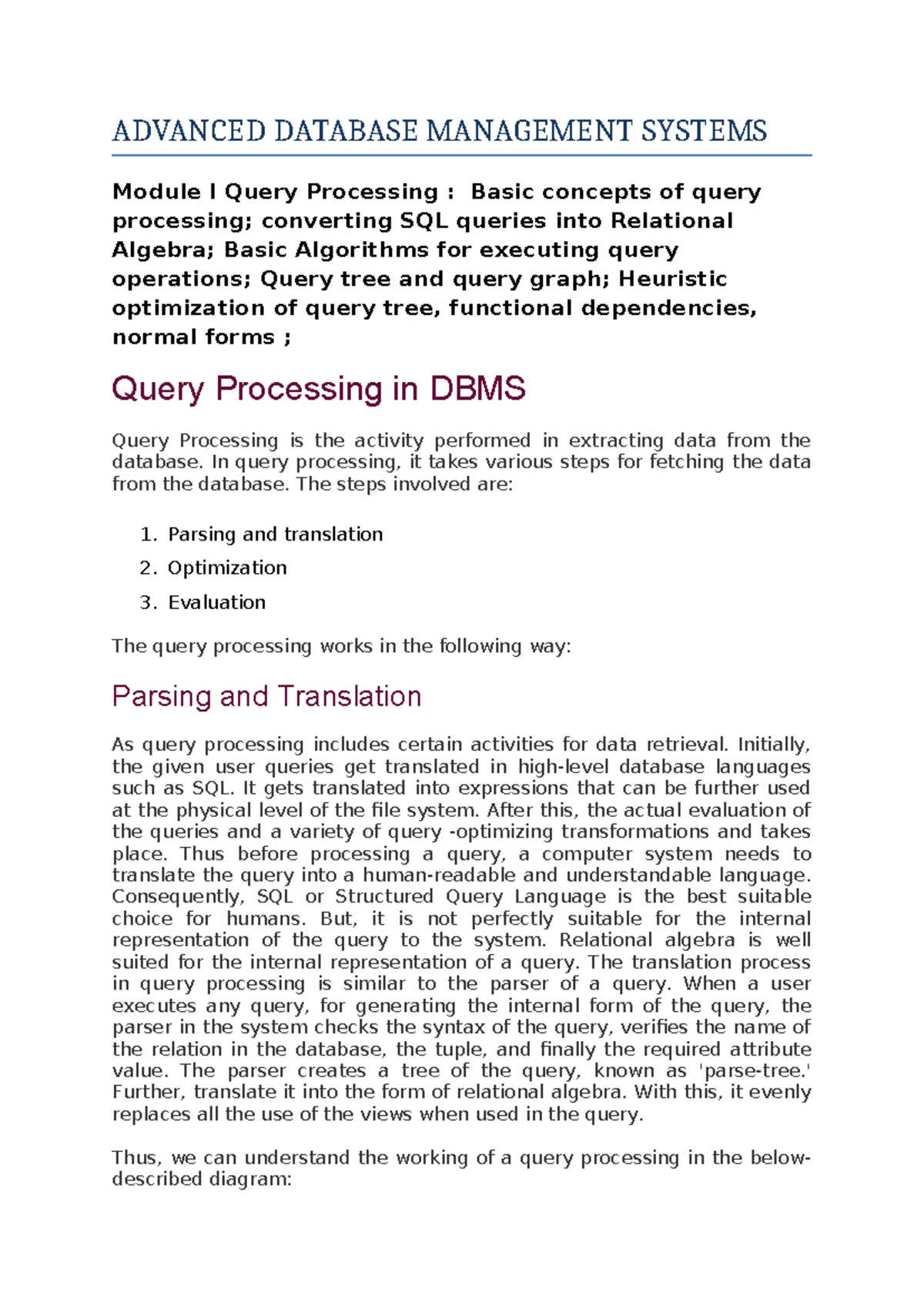 Module 1: Introduction to Query Processing and Optimization - Studocu