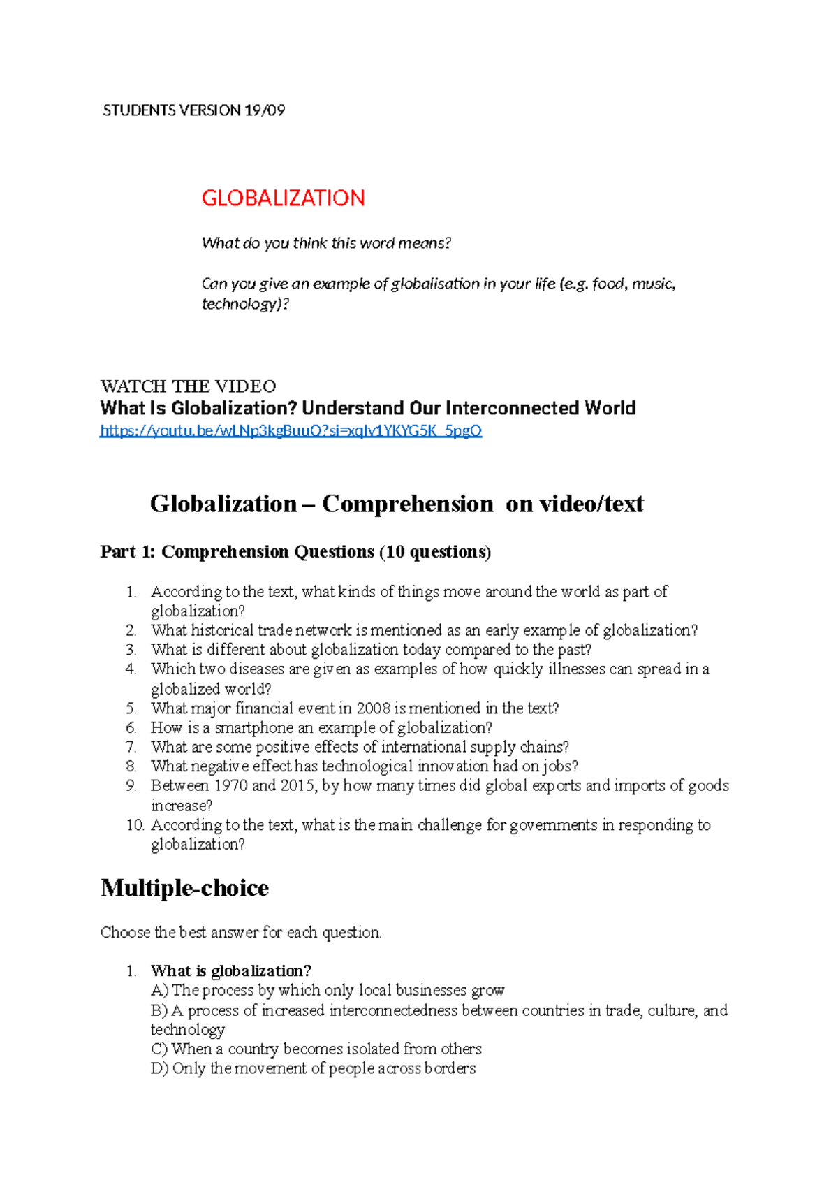 Globalization Insights: Student Comprehension & Exercises - Studocu