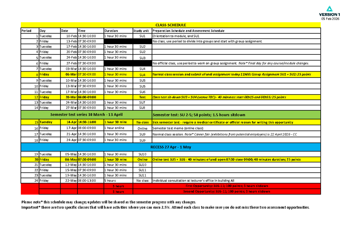 Class Schedule for 2026: Important Dates & Assessments - Studocu