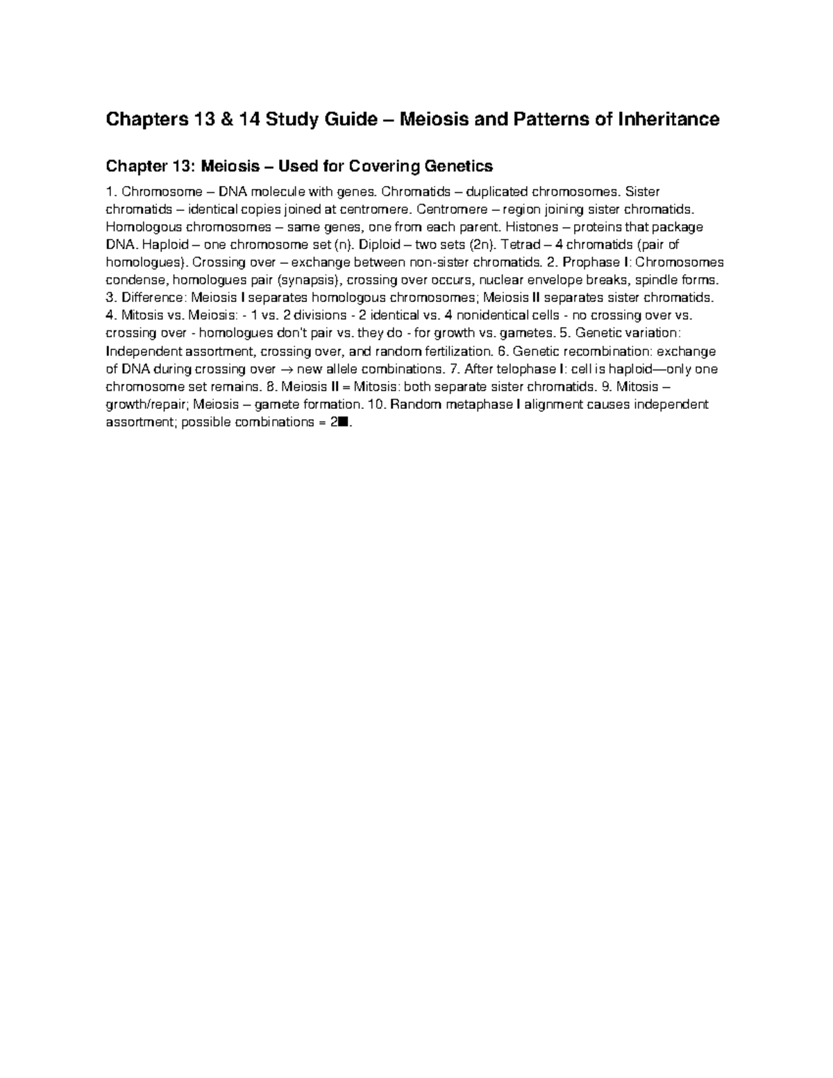Chapters 13 & 14 Study Guide: Meiosis and Inheritance Patterns - Studocu