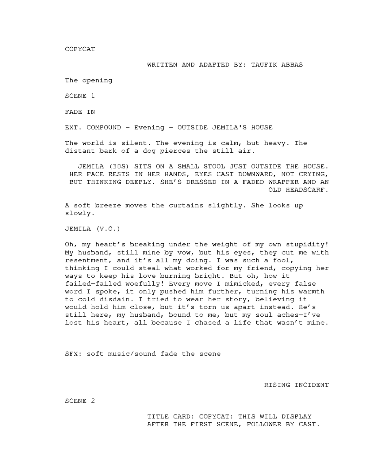 Script for COPYCAT Drama: A Study of Love and Imitation - Studocu