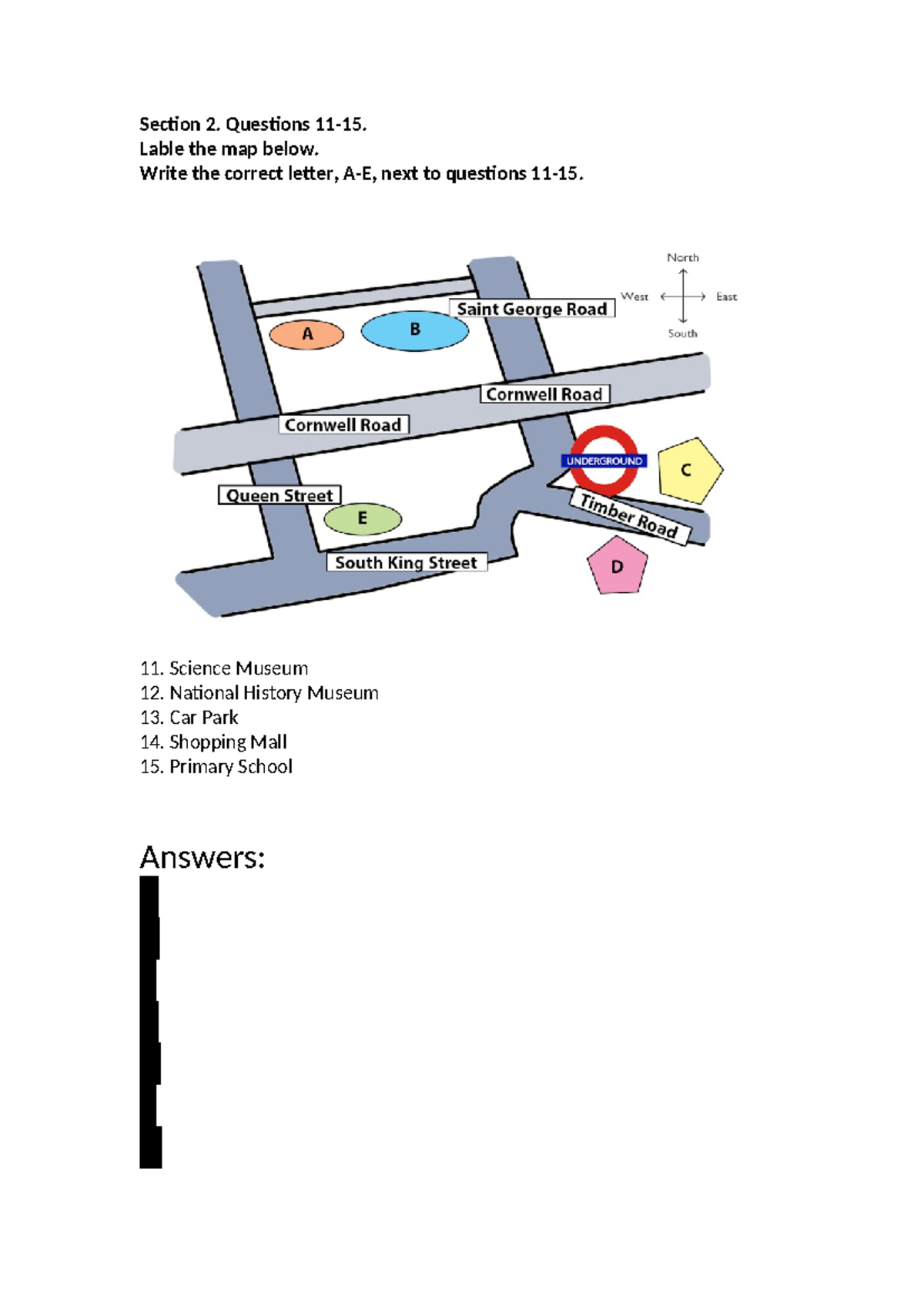 Map practice - English course seminal - Section 2. Questions 11-15 ...