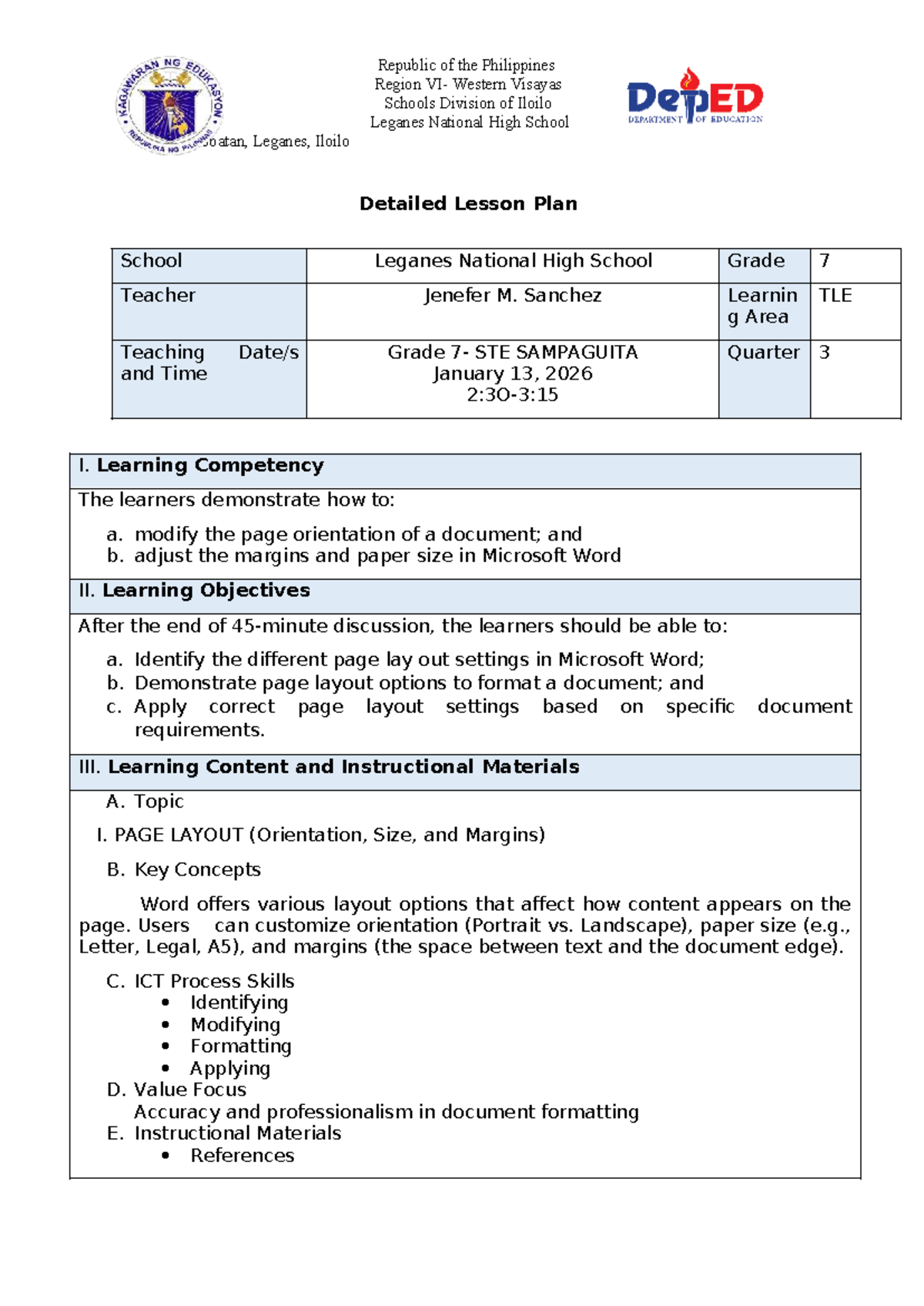 Detailed Lesson Plan: TLE Grade 7 - Page Layout in MS Word (Q3) - Studocu