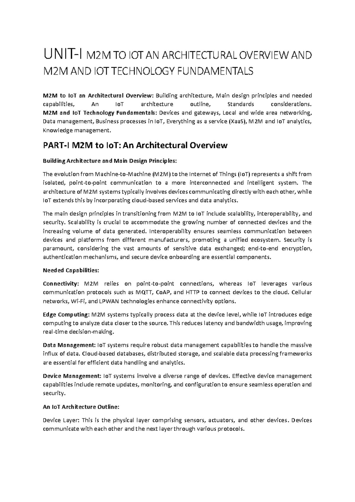 IoT M2M Architecture Overview & Technology Fundamentals - Unit 1 - Studocu