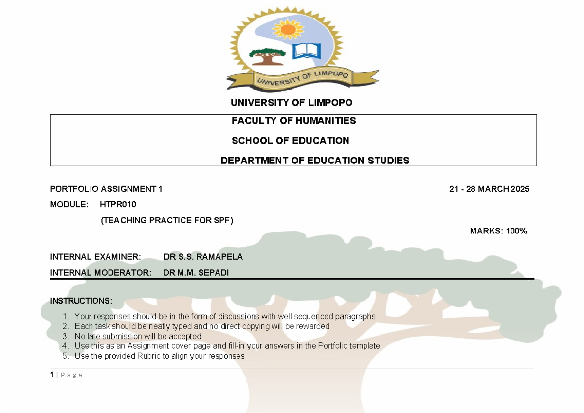 Teaching Practice Portfolio Assignment 1 - HTPR010 (21-28 March 2025 ...