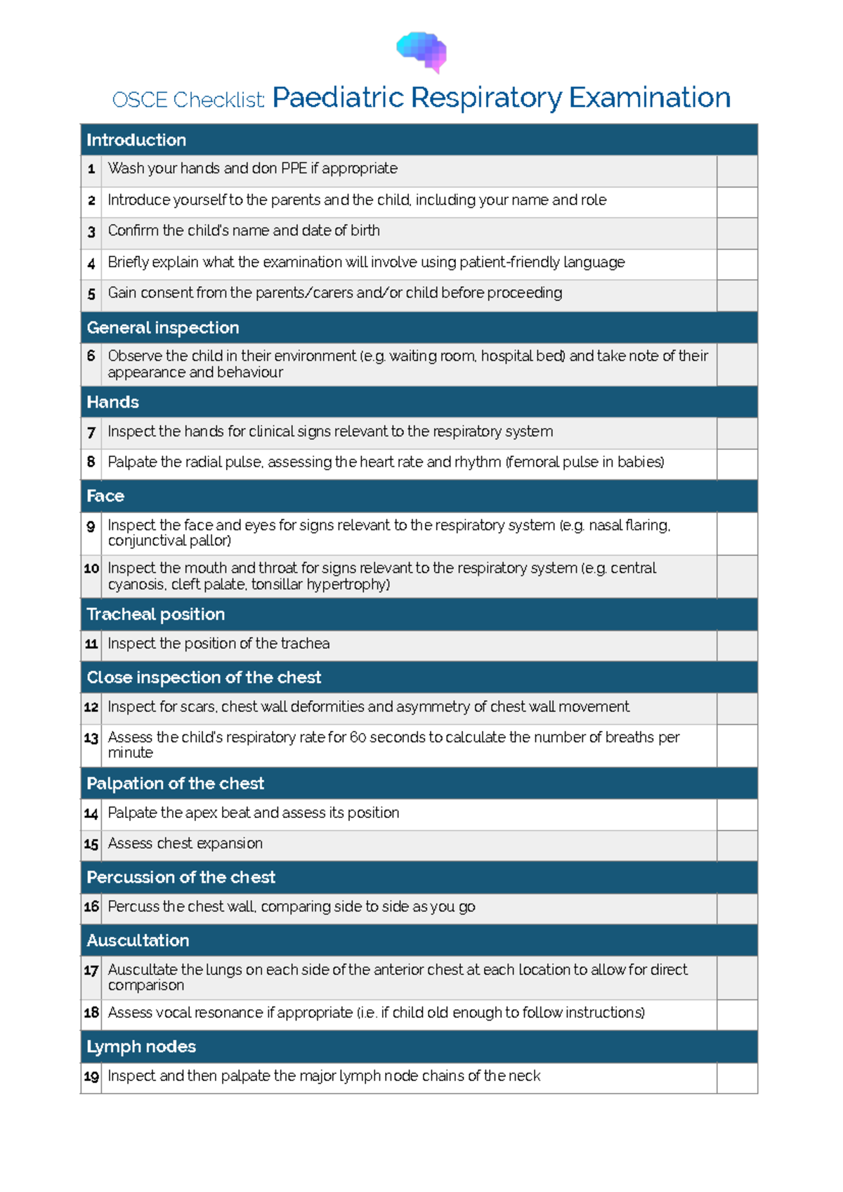 OSCE Checklist for Paediatric Respiratory Examination (OSCE) - Studocu