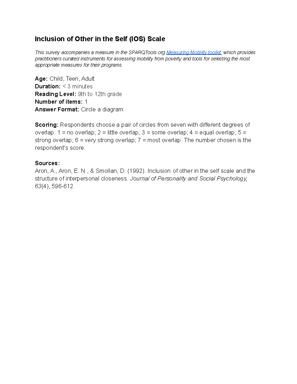Inclusion of Other in Self (IOS) Scale - SPARQTools Survey Guide - Studocu