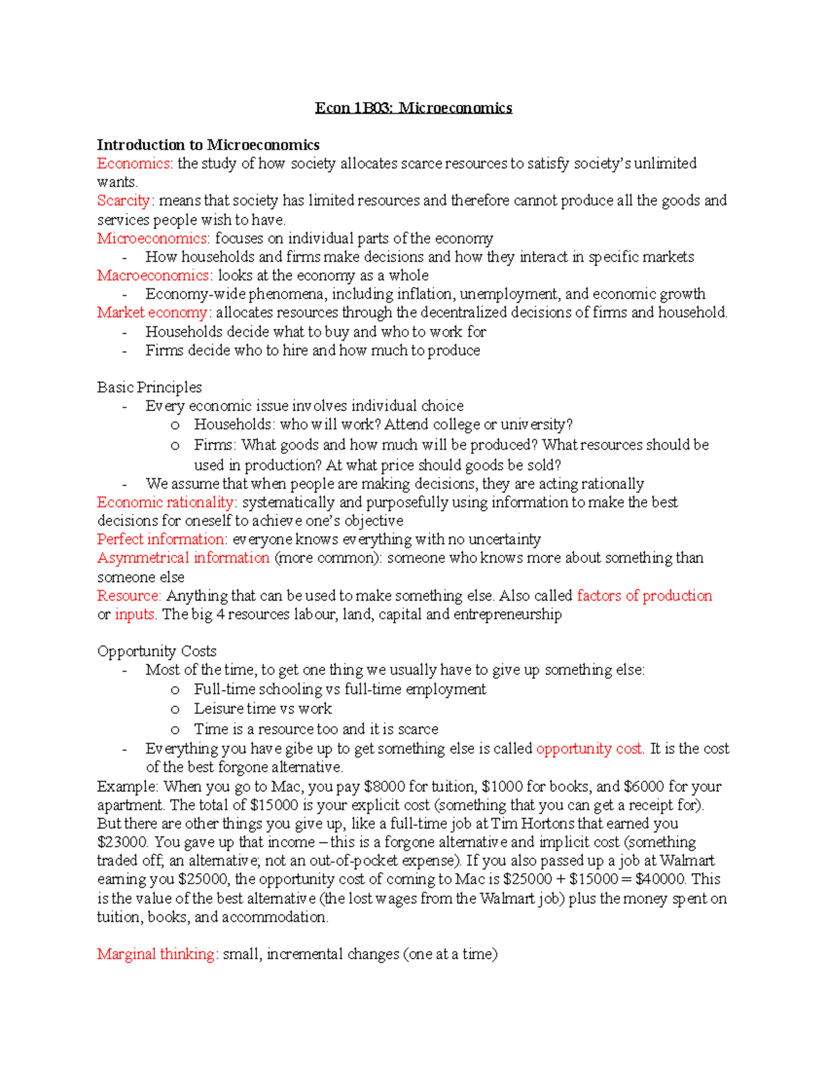 Econ 1B03: Microeconomics Notes on Key Concepts from Chapters 1-4 - Studocu