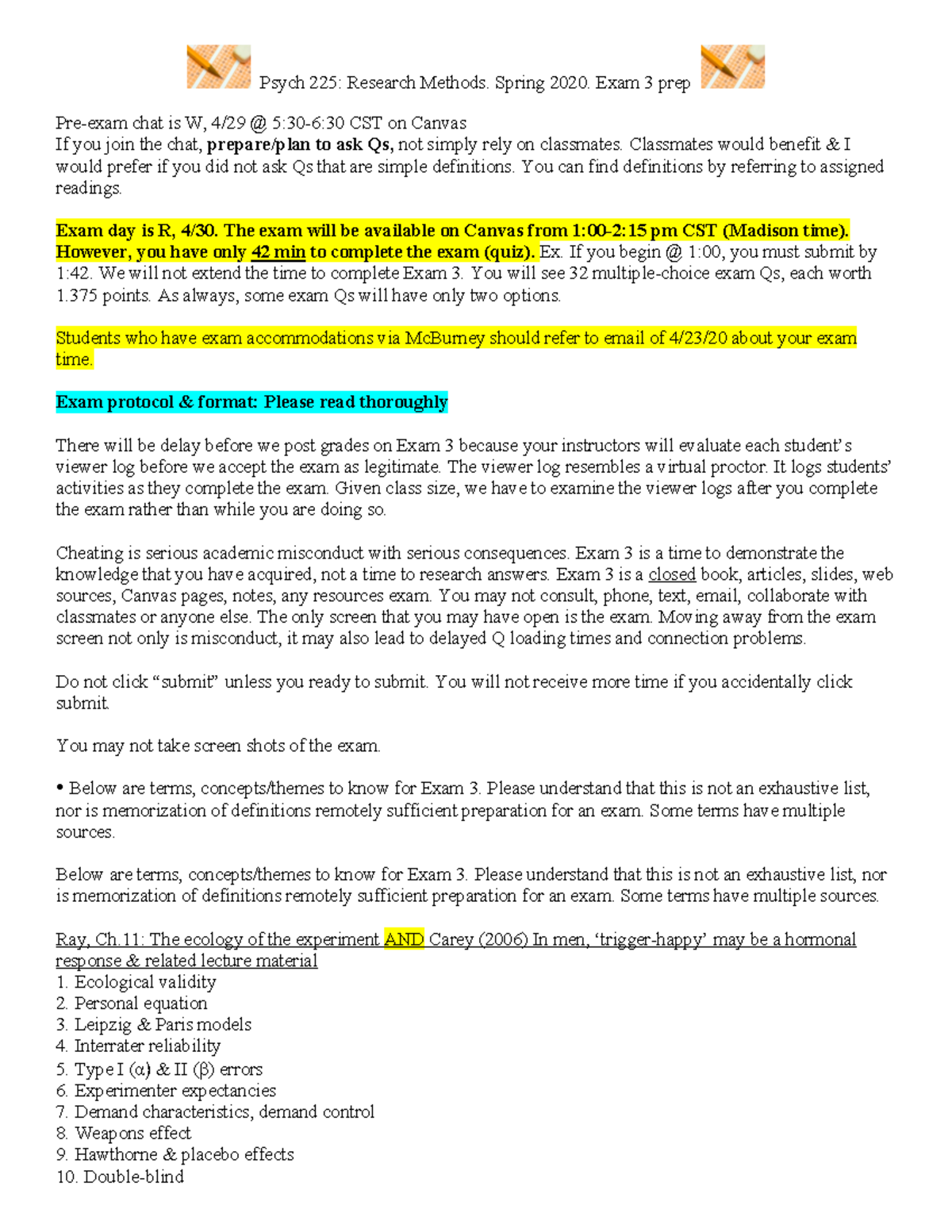 Psych 225: Research Methods Exam 3 Prep Guide - Spring 2020 - Studocu