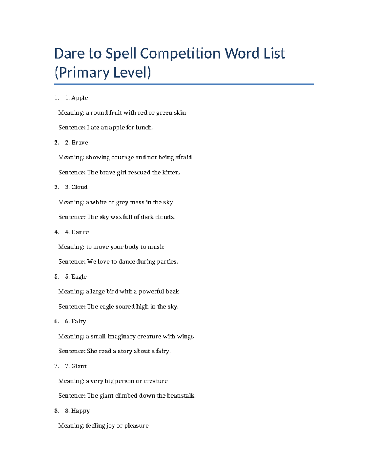 Dare to Spell Competition Word List (Primary Level) - Studocu