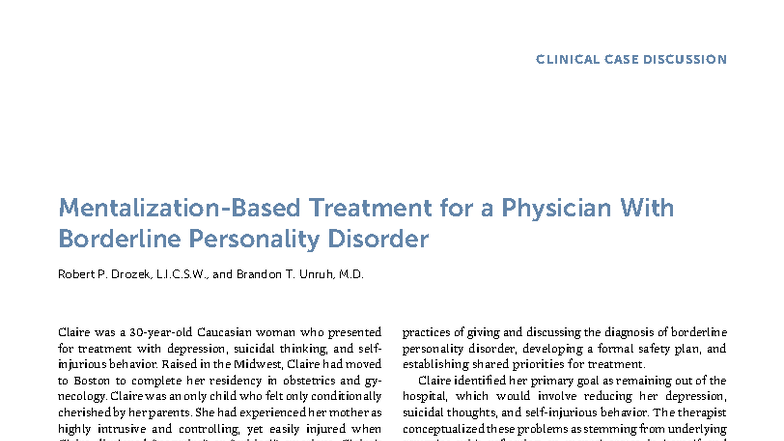 CLINICAL CASE STUDY: Treatment of Borderline Personality Disorder (BPD ...