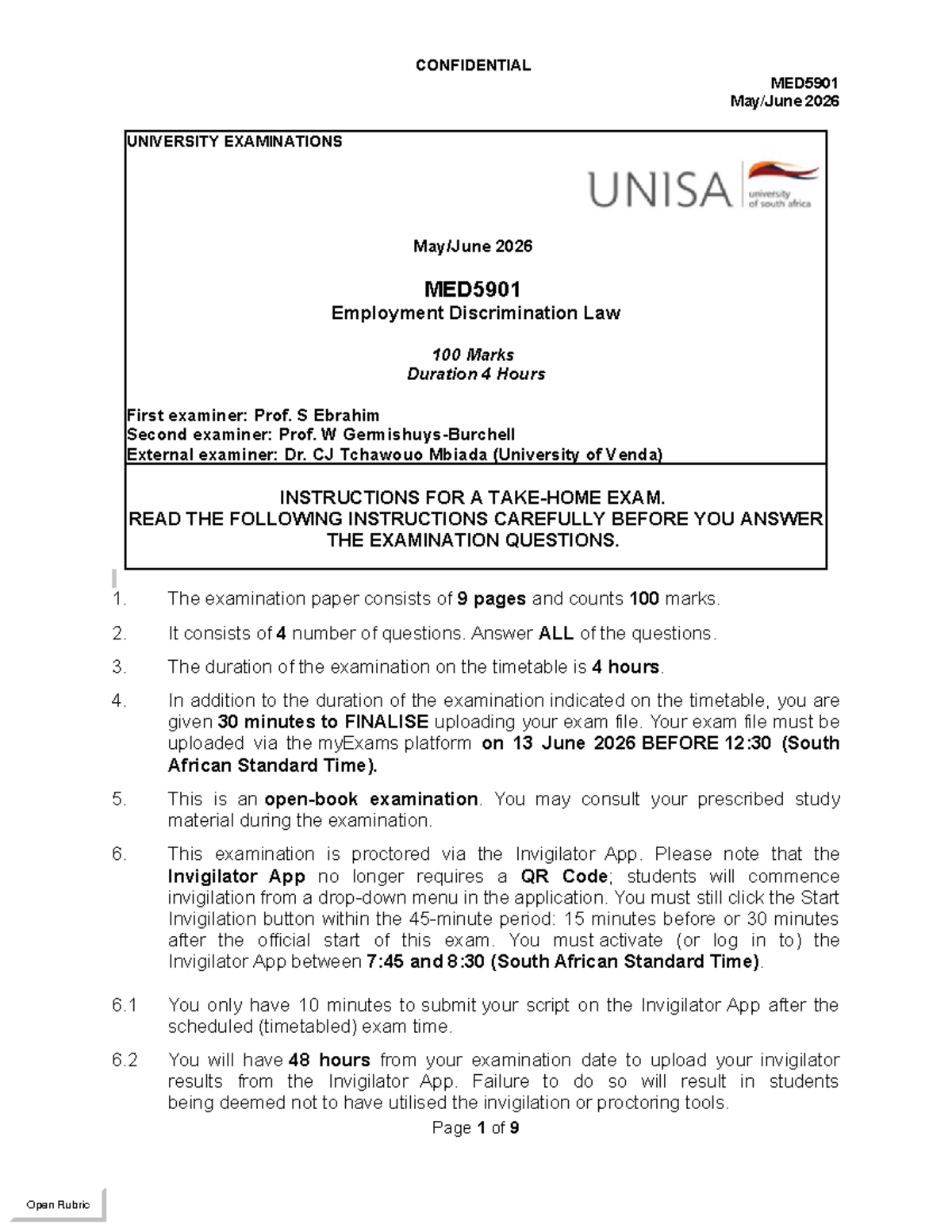 MED5901 2026 Final Exam: Employment Discrimination Law Guidelines - Studocu
