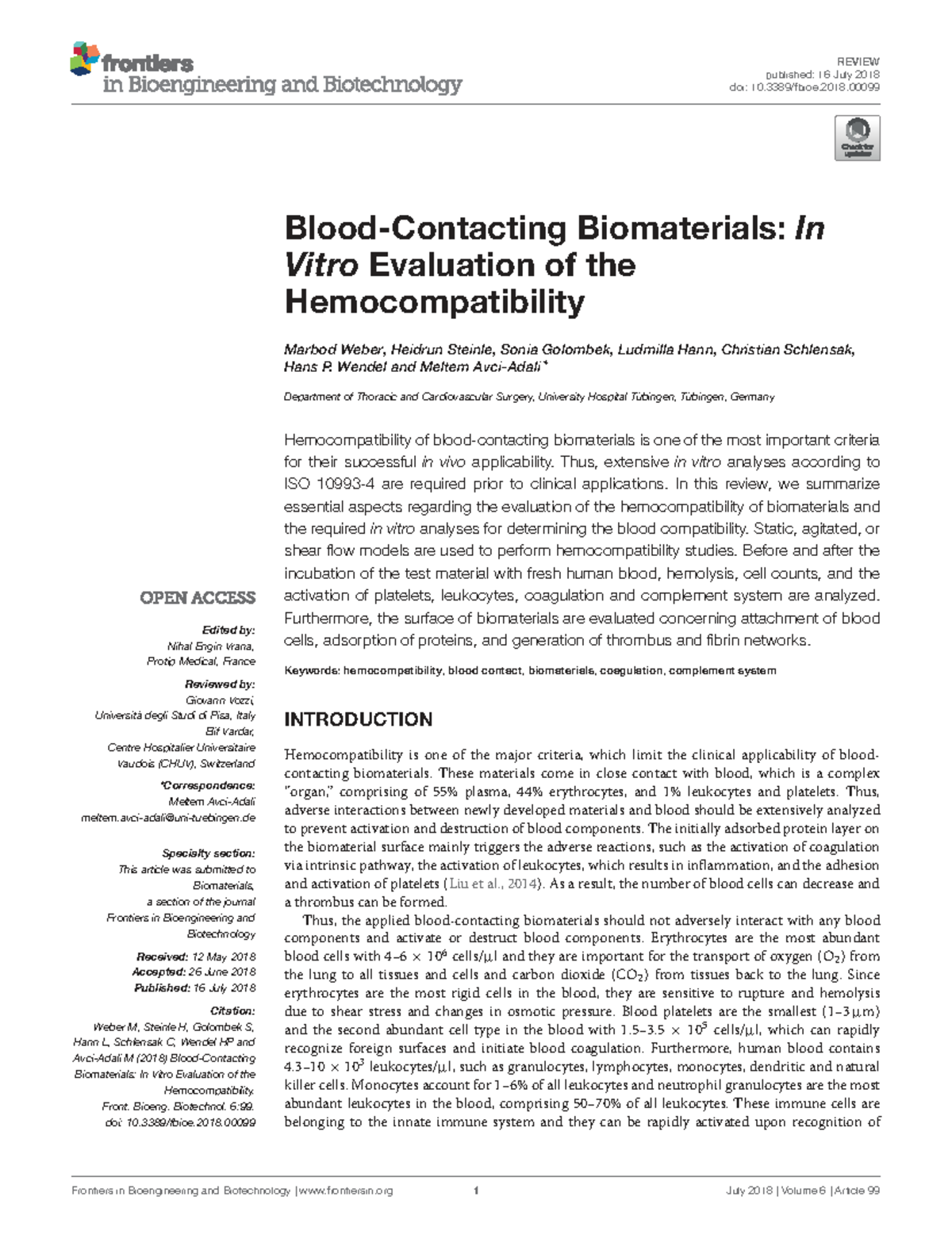 Biomaterials (FBIOE-06): In Vitro Hemocompatibility Evaluation Review ...