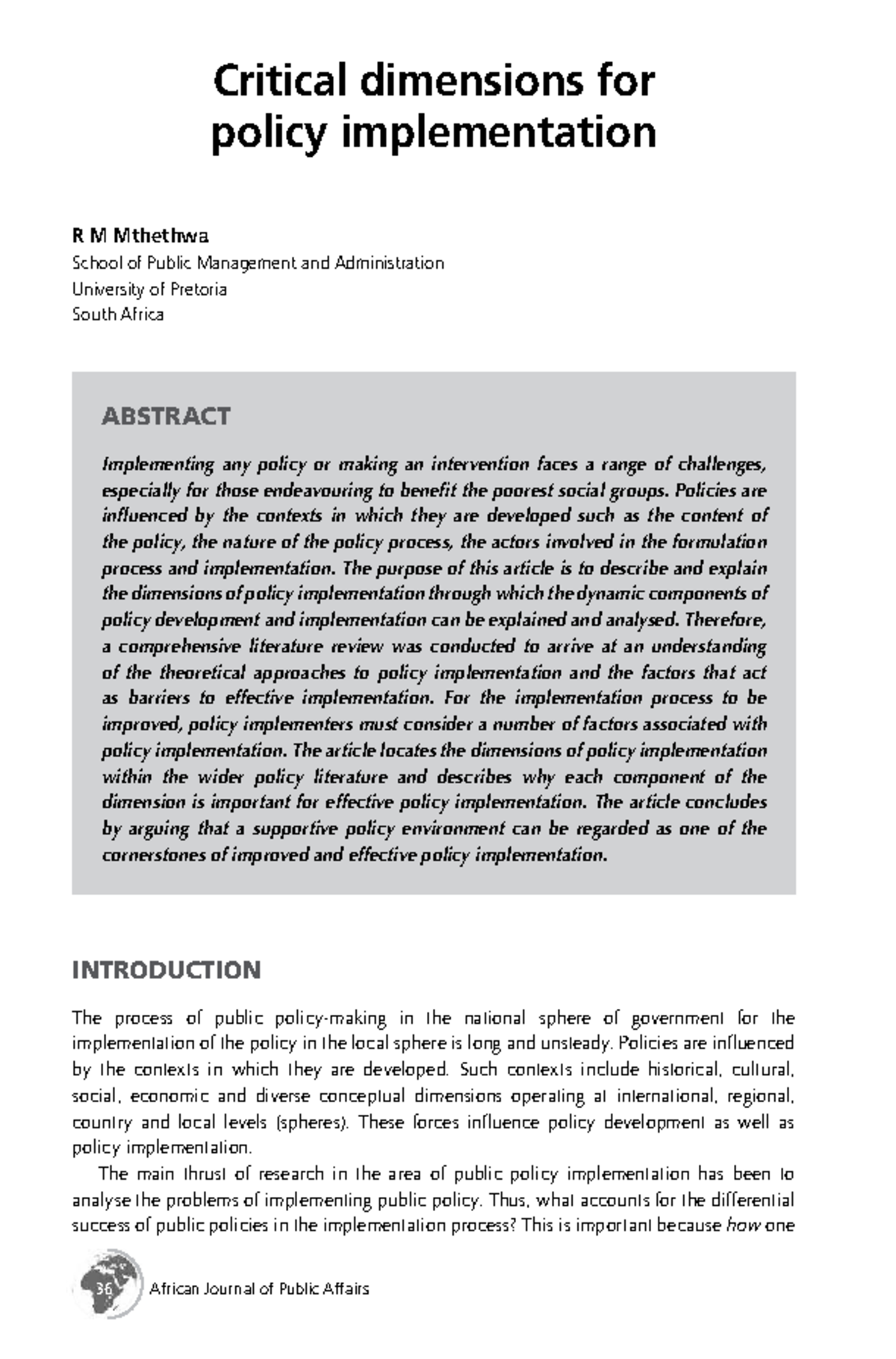 Critical Dimensions for Policy Implementation - Studocu