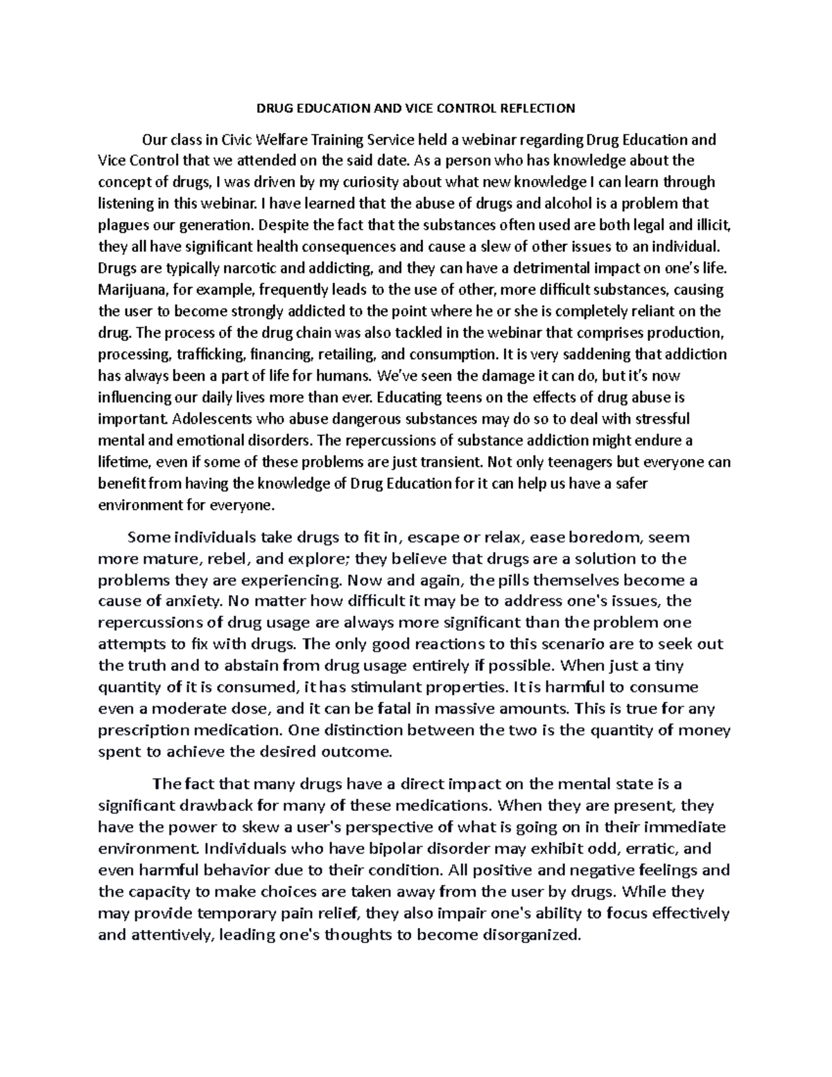 NSTP1 Reflection on Drug Education and Vice Control Webinar - Studocu