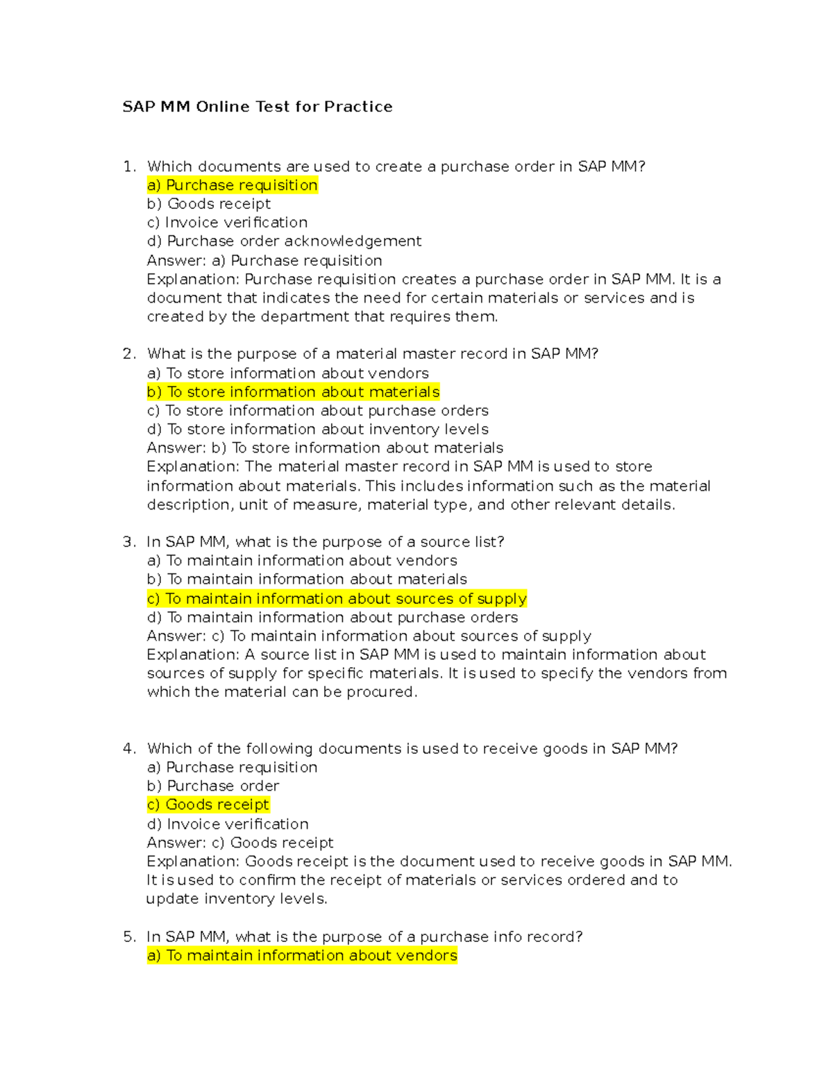 MM Quiz: SAP Material Management Practice Test - Studocu