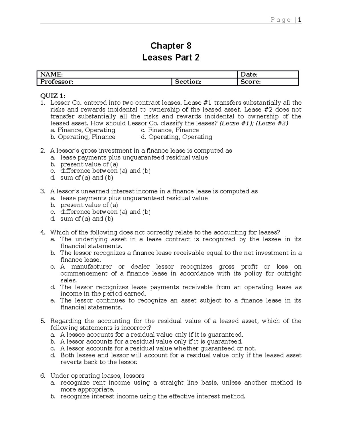 QUIZ Chapter 8 Leases Part 2: Key Concepts & Practice Questions - Studocu