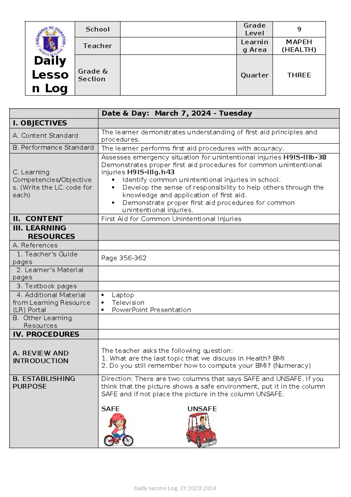 COT MAPEH Lesson Log: First Aid for Common Injuries - Quarter 3 - Studocu