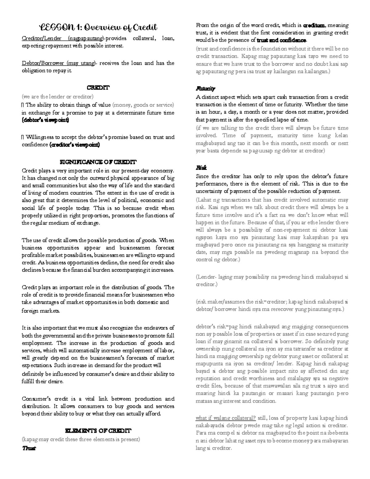CC Notes: Lesson 1 - Overview of Credit and Its Significance - Studocu