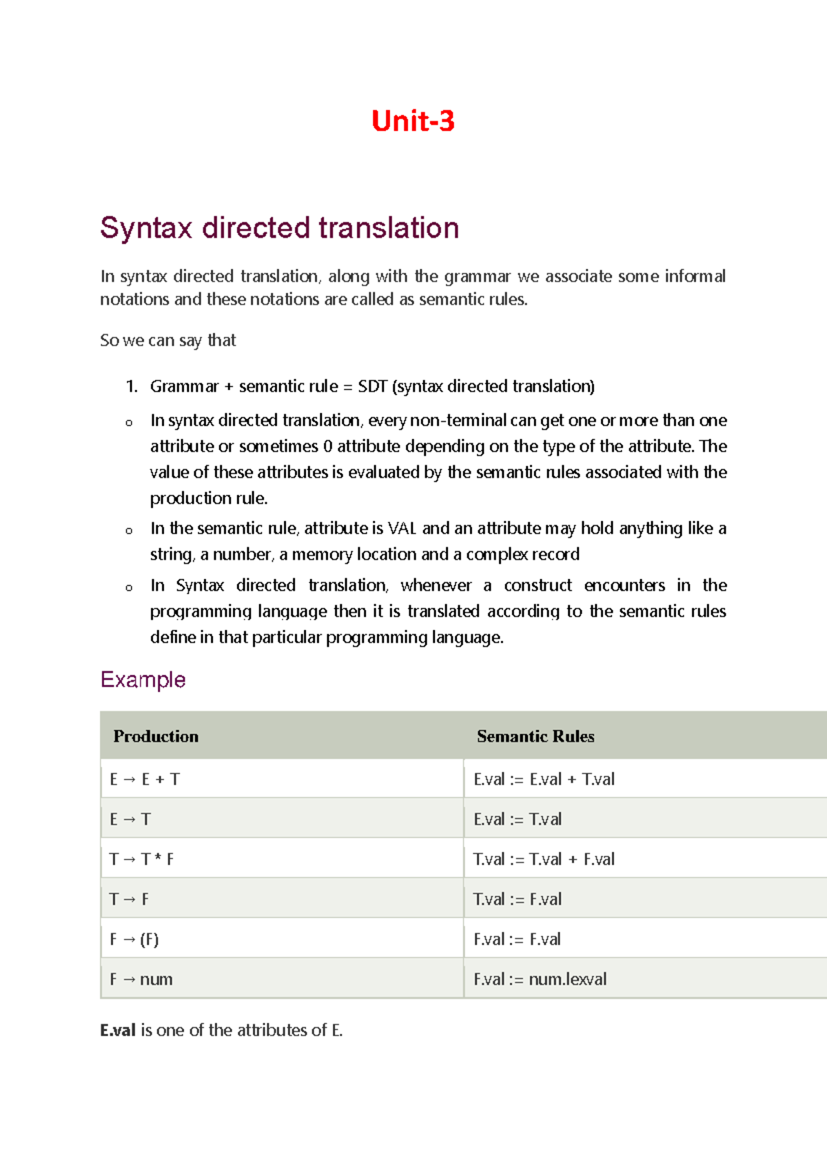 Notes on Syntax Directed Translation (SDT) - Unit 3 CD V Sem CSE BTech ...
