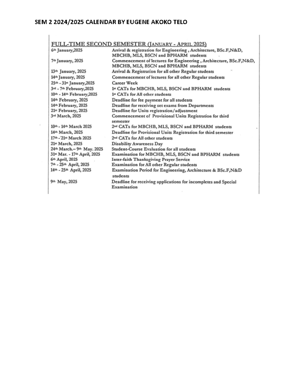 Calendar a calender for academic yeah 2024/2025 second semester SEM 2 CALENDAR EUGENE AKOKO