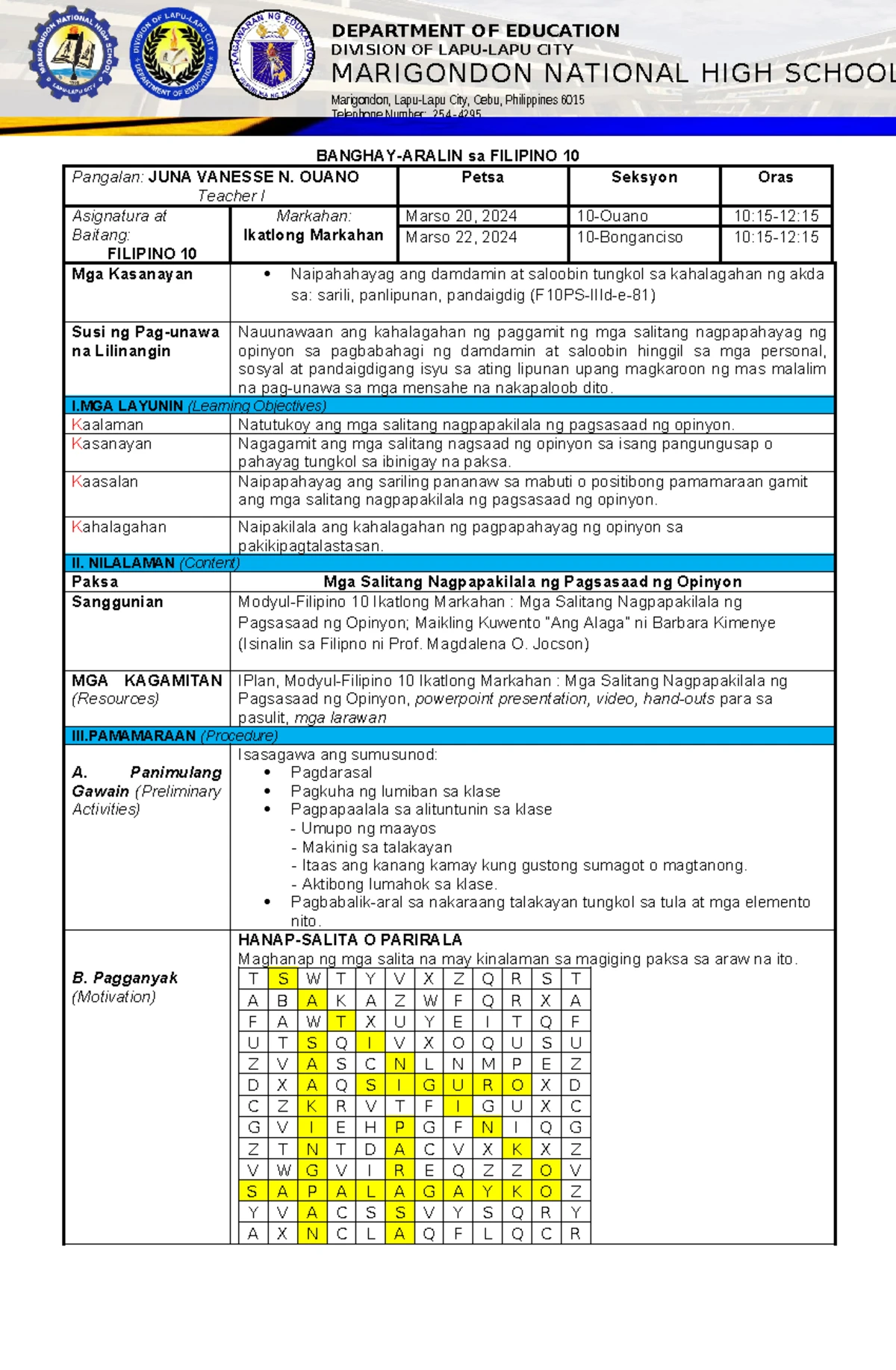 Mathematics 7 Lesson Plan: Evaluating Algebraic Expressions - Studocu
