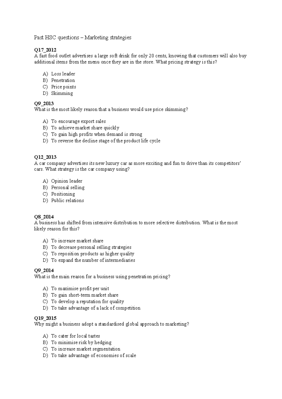 Past HSC Questions on Marketing Strategies (Q17_2012 - Q25_2022) - Studocu