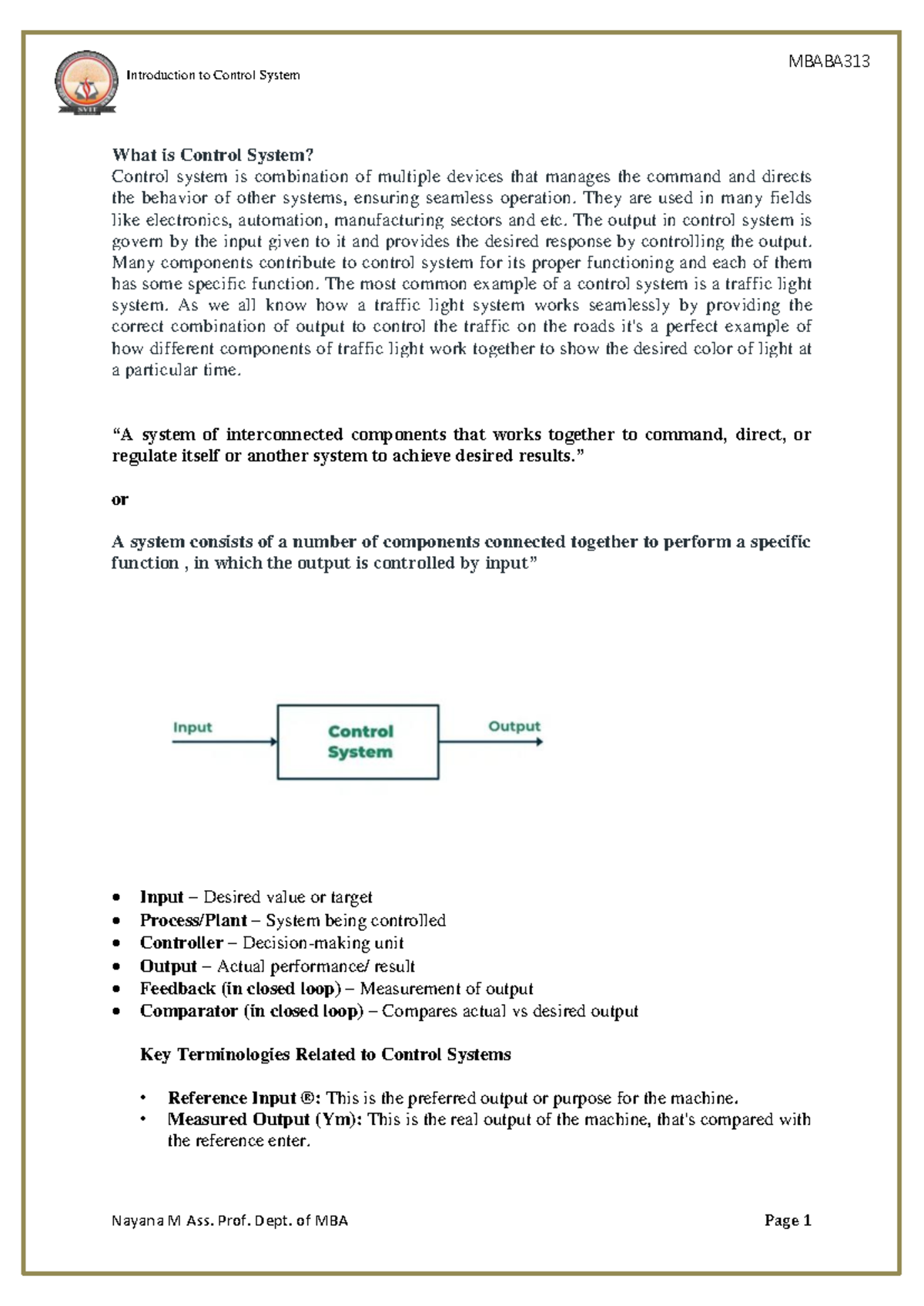 Introduction to Control Systems: Concepts and Applications MBABA313 ...