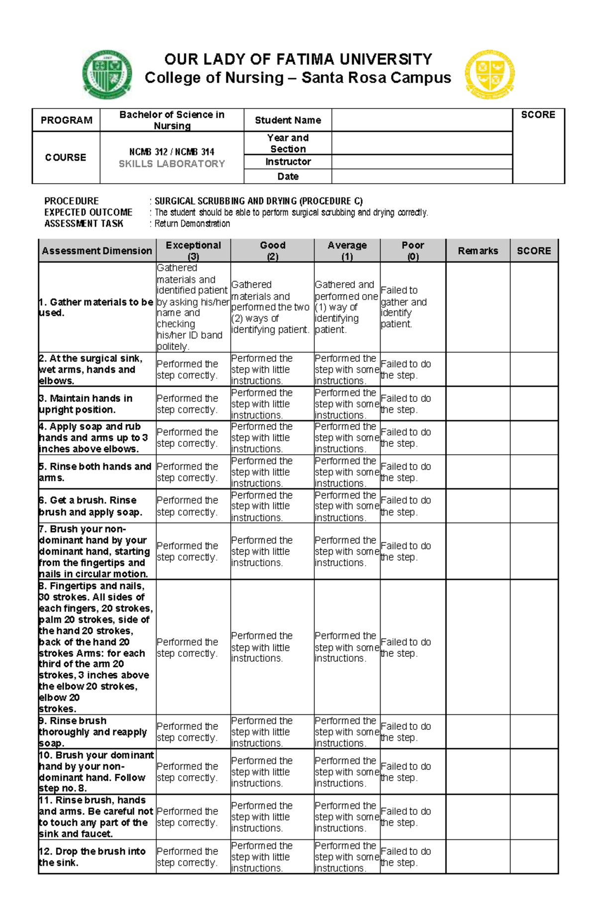 NCMB 312 Surgical Scrubbing Procedure Assessment Guide - Studocu