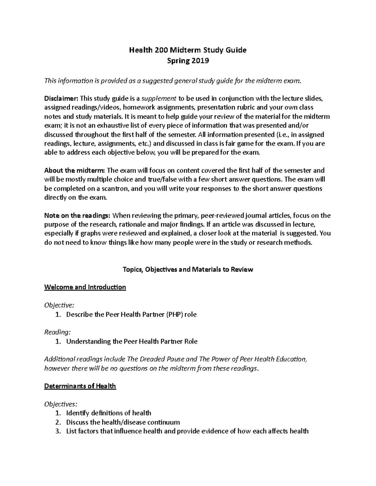 Health 200 Midterm Study Guide: Key Topics & Objectives Review - Studocu