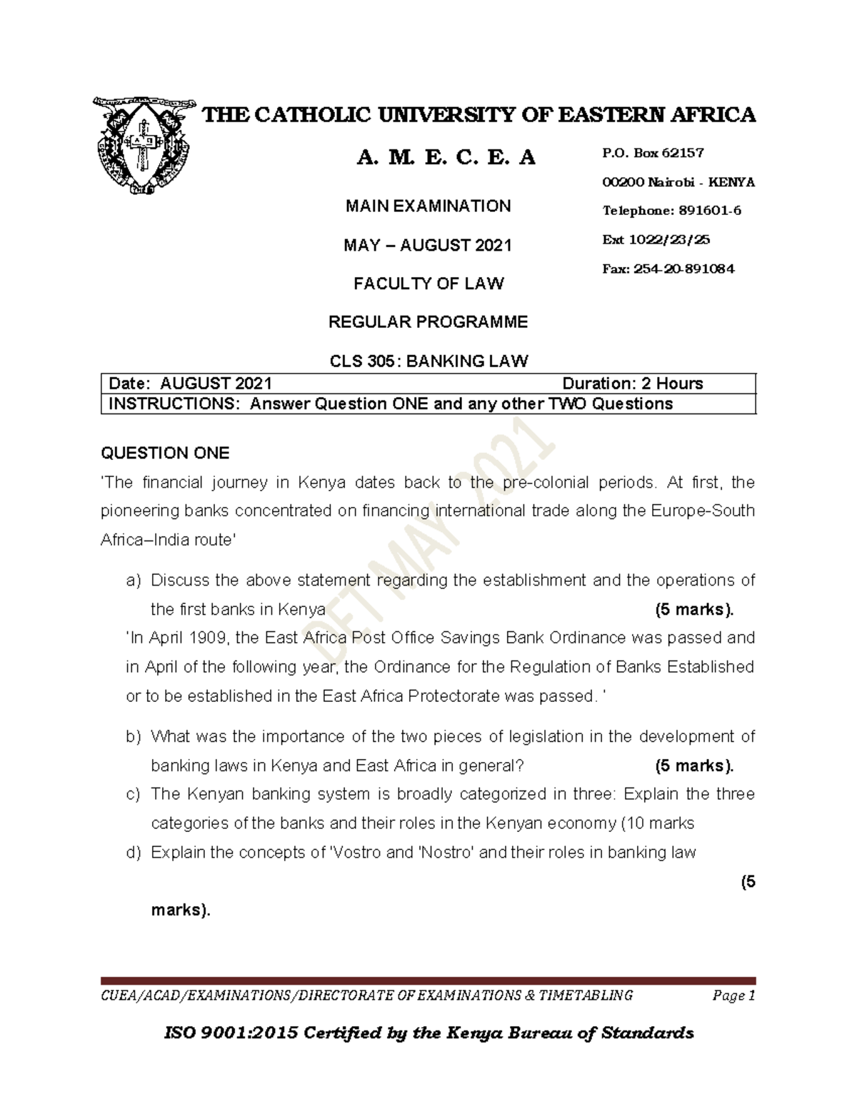 CLS 305: Banking Law - Past Exam Paper, August 2021 - Studocu