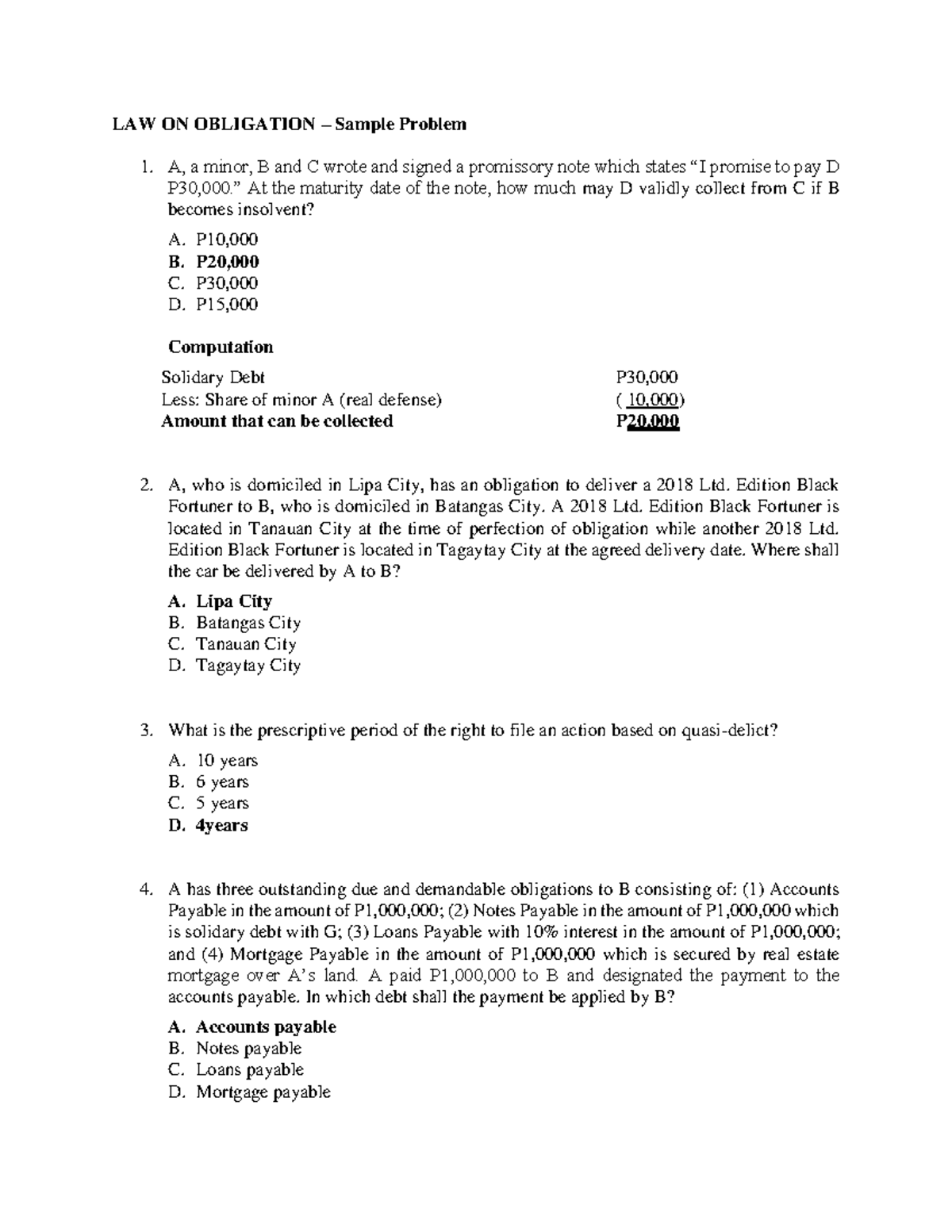 LAW ON OBLIGATION – Sample Problem Set and Solutions (2023) - Studocu