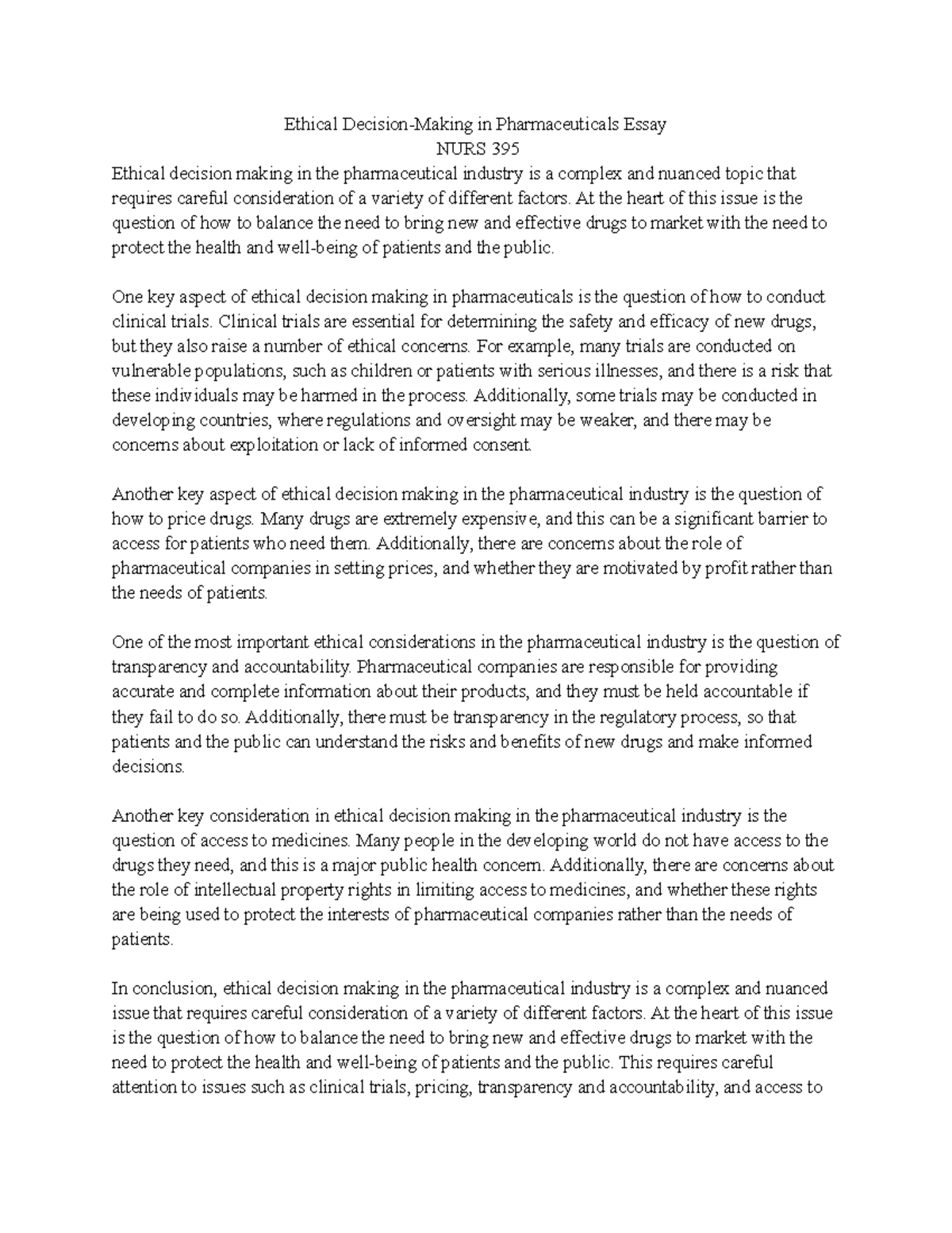 Ethical Decision Making in Pharmaceuticals Essay - Ethical Decision ...