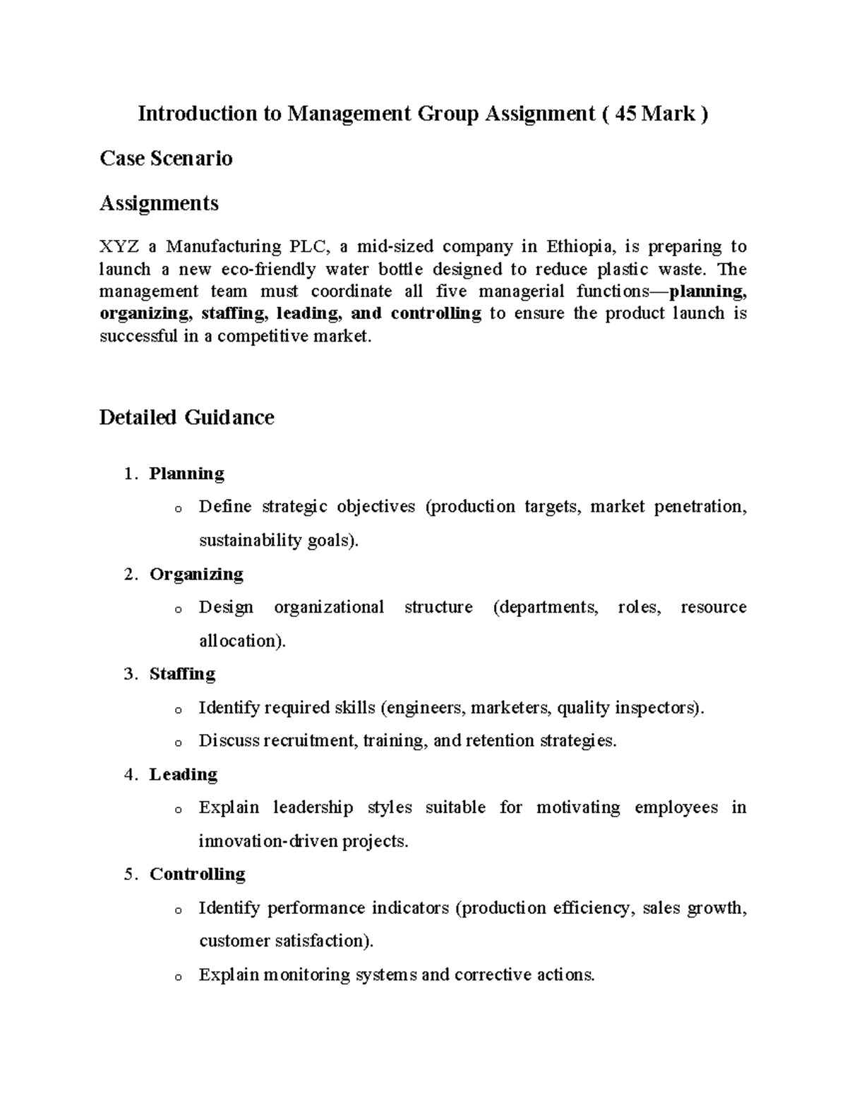 Management Group Assignment: Case Study on XYZ Manufacturing PLC - Studocu