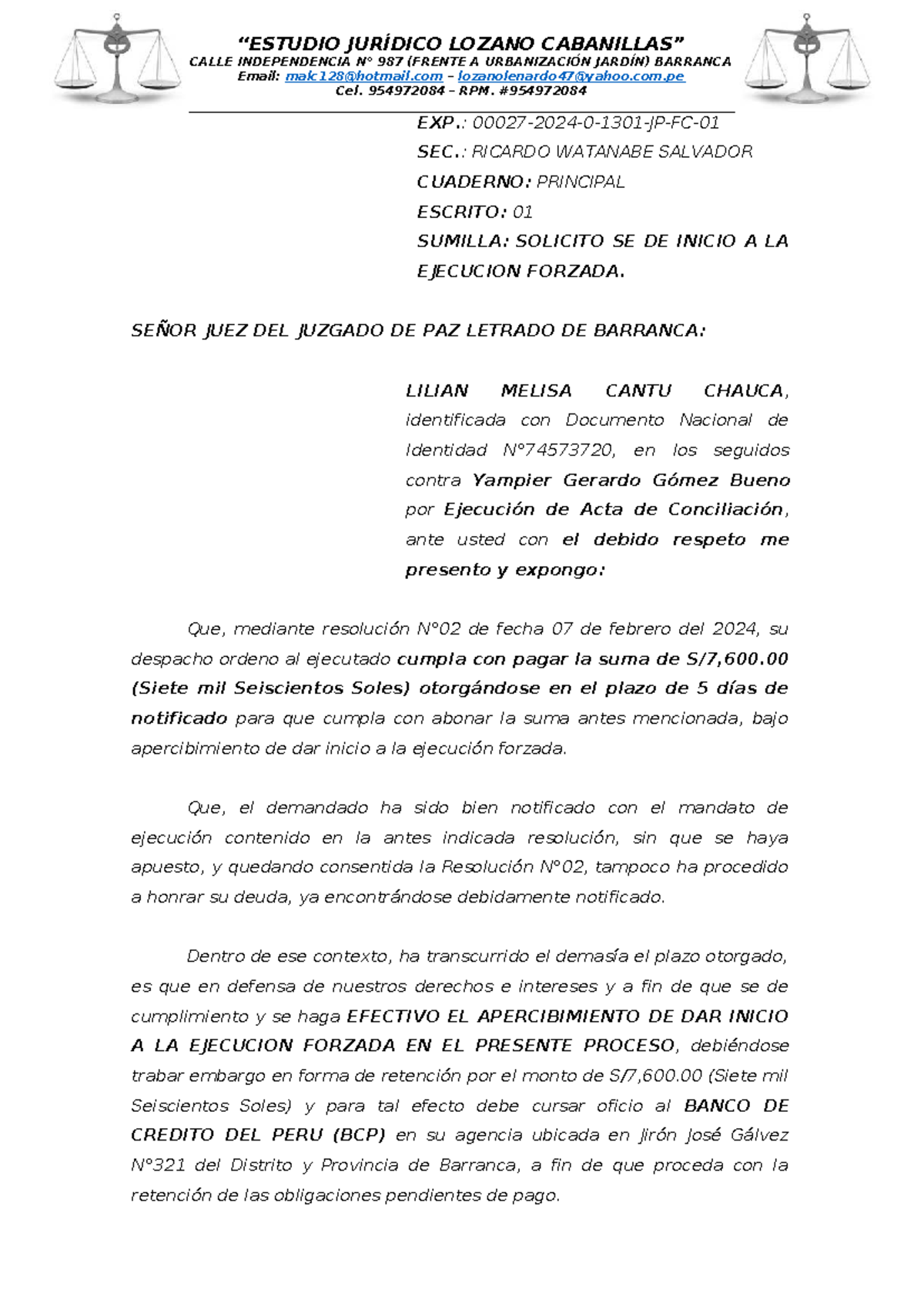 Escrito N°02: Solicito Inicio Ejecución Forzada - Cantu - Document Preview