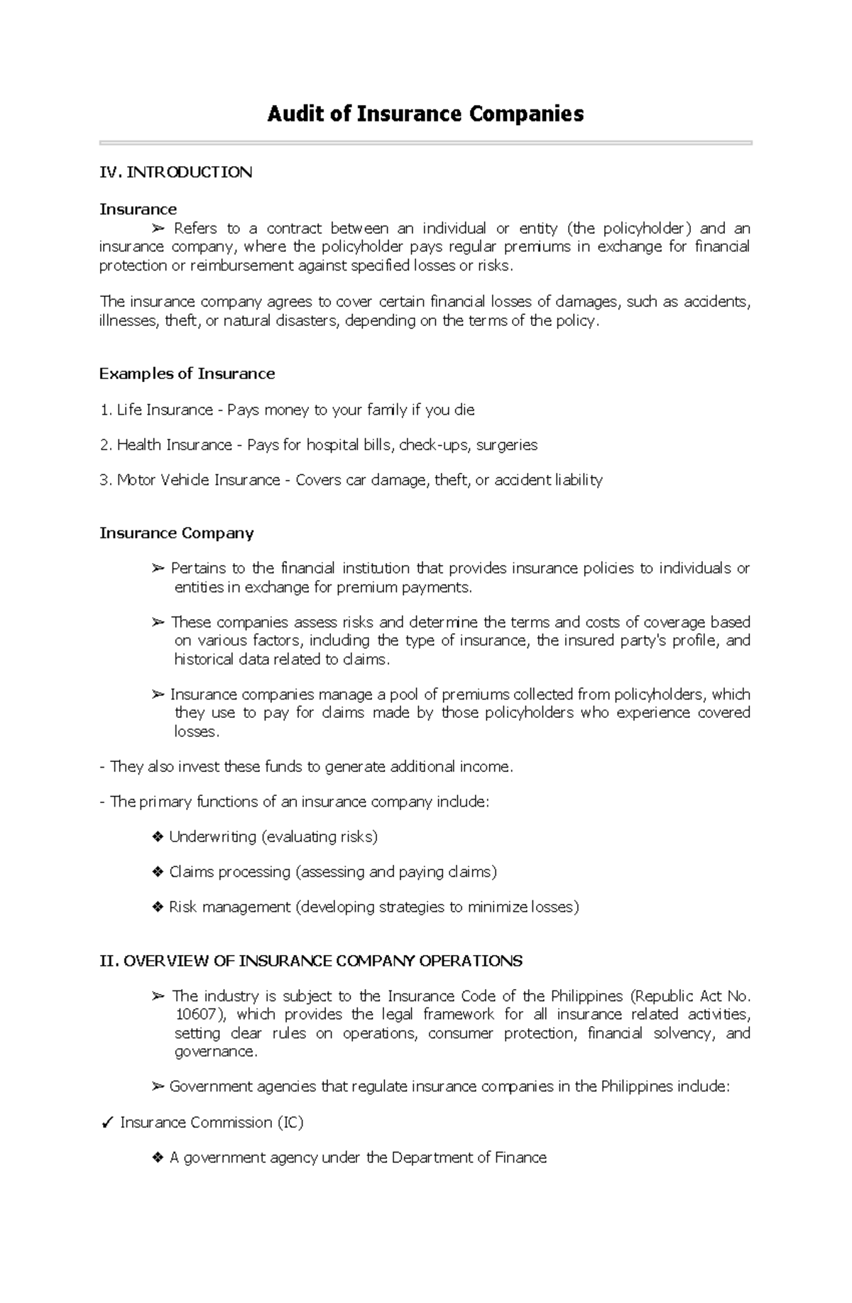 Audit of Insurance Companies: Overview and Key Insights - Studocu